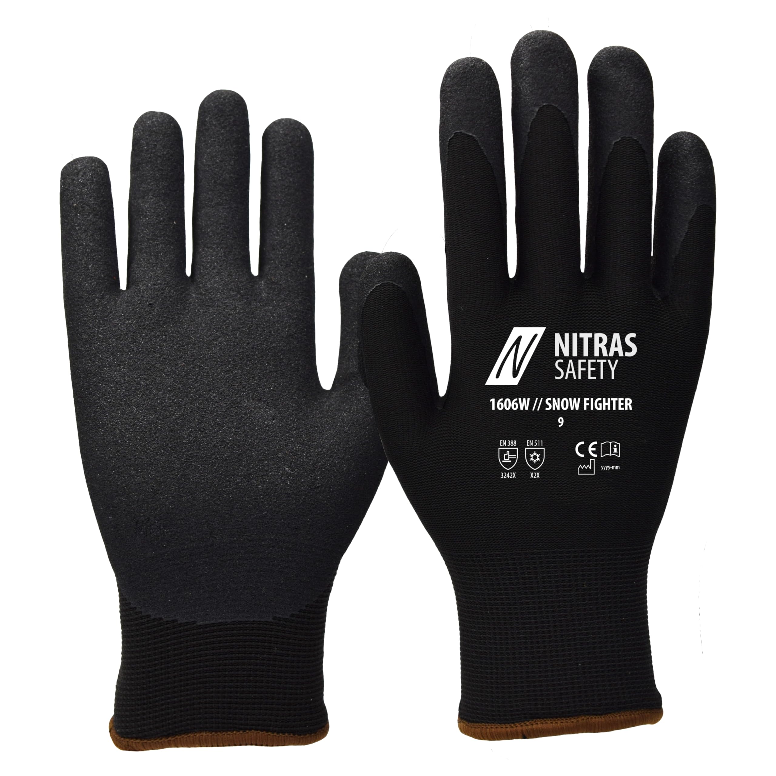 Nitras 12 Paar Snow Fighter Winterhandschuhe 1606W, gesandete Nitrilbeschichtung, Größe:9 (L) | Kälteschutzhandschuhe mit Terry-Schlingengewebe | EN 388 & EN 511 Norm | Rutschfeste Beschichtung für mechanische Risiken