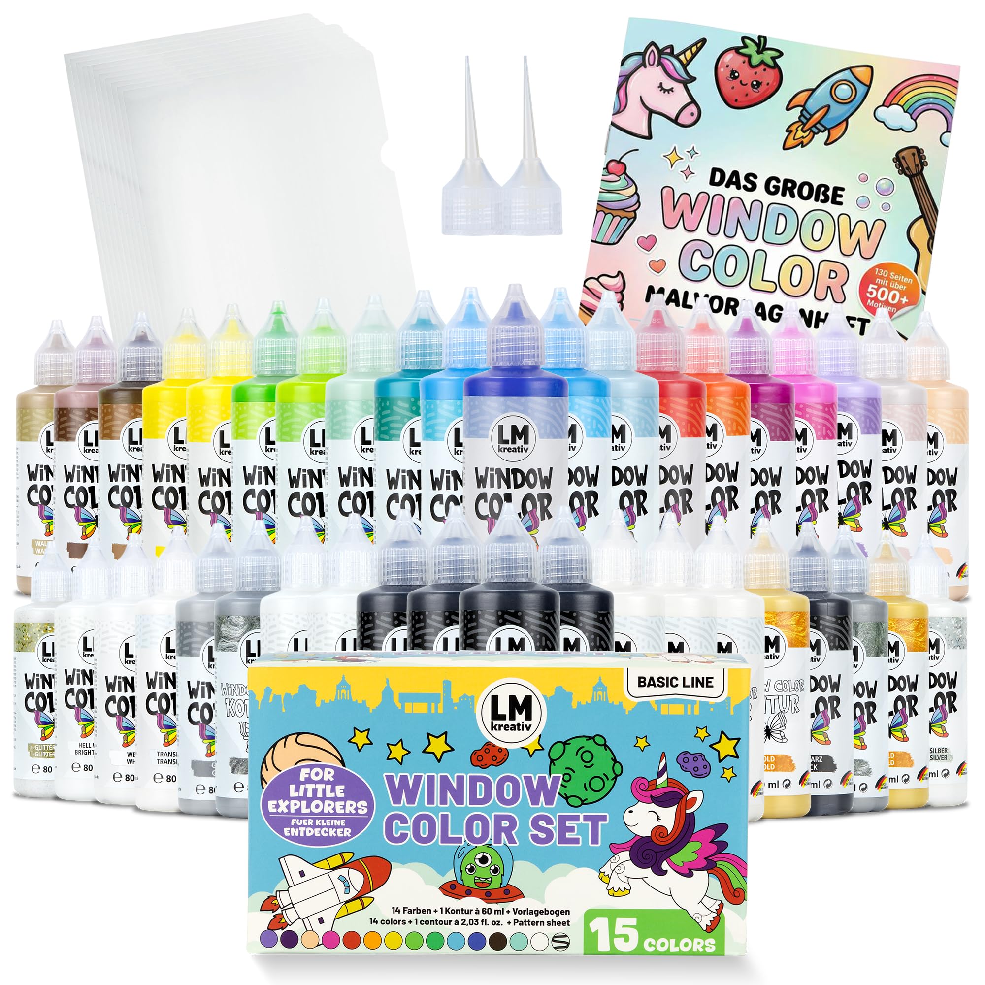 LM-Kreativ Window Color XXL 40er Set Farbmix mit Konturen, 10 Spezialfolien, Vorlagenheft, Zubehör für Fenstermalfarben