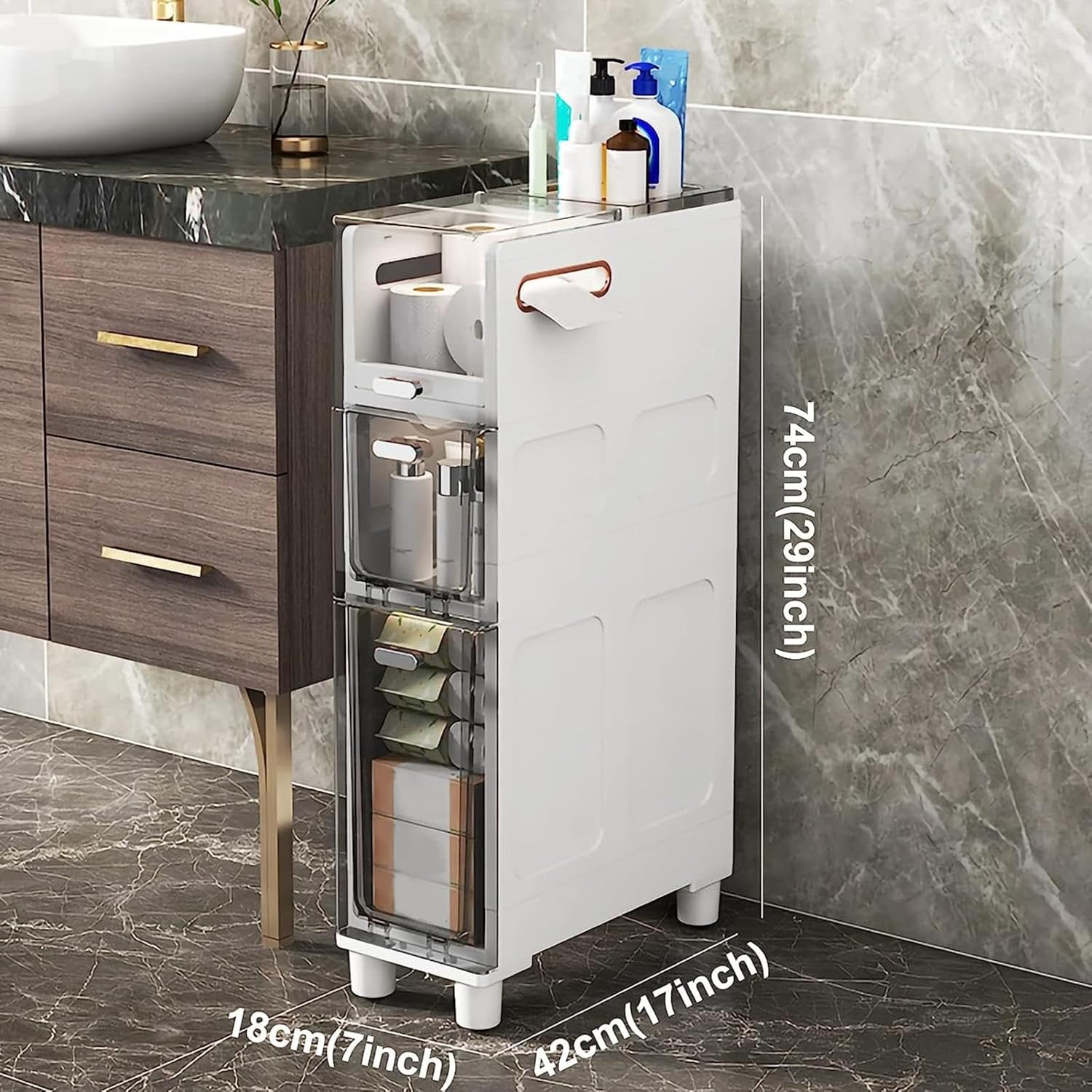Bathroom Floor Cabinet Narrow Tall Slim 5 Drawer Storage Tower, Sturdy Frame Narrow Toilet Paper Storage Cabinet with Clear Drawers and Casters for Small Spaces and Gaps Toilet Side Narrow Cabinet