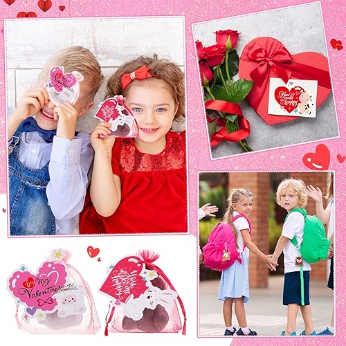 Miniatura 6 de Hanaive Juego de 36 tarjetas de corazón para el día de San Valentín, regalos para niños, con mini animales de peluche y bolsas de organza, juguetes