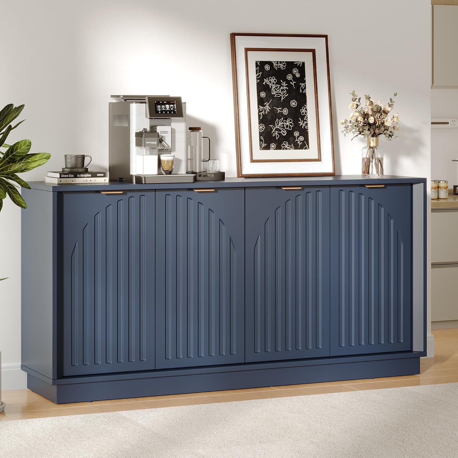 58" Fluted Sideboard Buffet Cabinet with Storage,Mid Century Modern Sideboard with Arched Doors & Adjustable Shelves,Wood Media TV Console Table Credenza for Living Room,Dining Room,Kitchen,Hallway