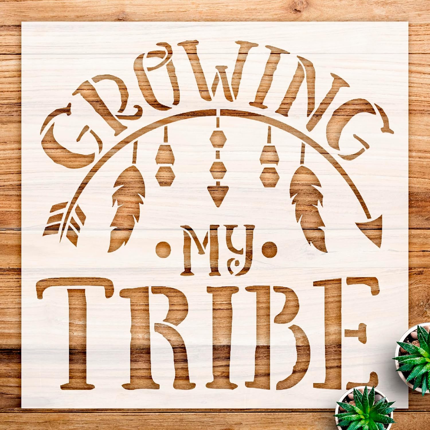 Tribal Family Stencil Pattern with Arrow and Feathers for Walls and Home Decor, DIY Boho Embellishments for Creative Projects - Size A1 (23.4" x 23.4")