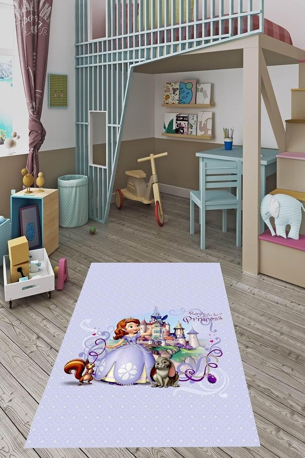 Pelangi Princess Prenses Desen Dijital Baskı Yıkanabilir Kaymaz Taban Çocuk Odası Halısı, Gri 100 x 150