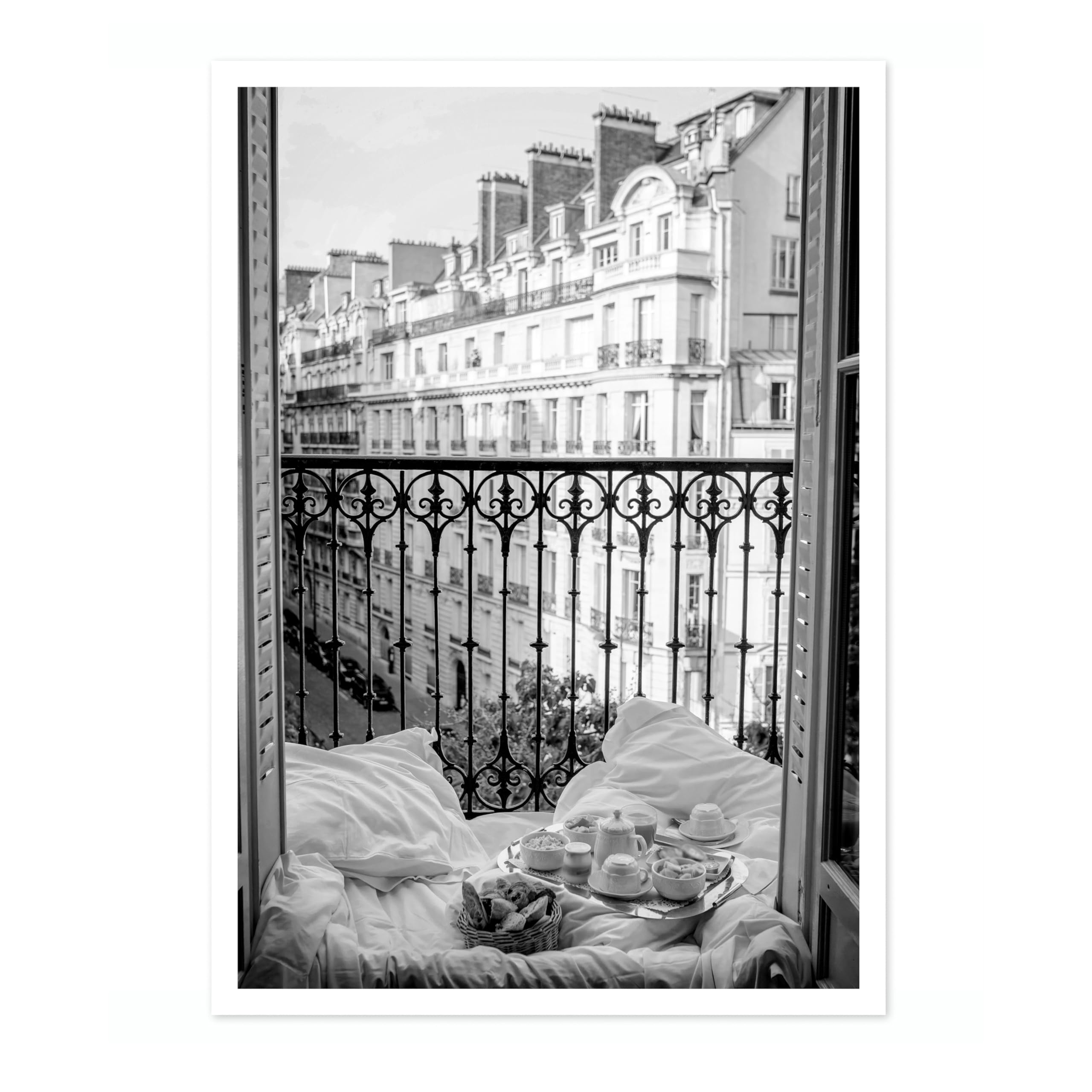 Parisian Balcony Poster Black & White Vintage Photography Print Minimalist Modern Interior Decoration, Archival Matte, A2 (Print Only) - 59.4x42cm