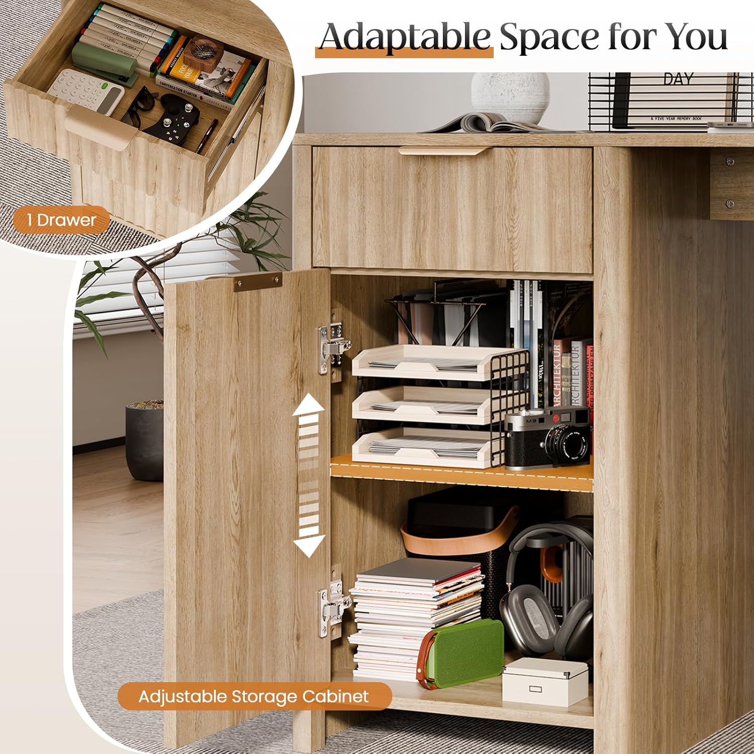 60" Fluted Home Office Desks with Storage, Modern Executive Desk Computer Desk with Drawer & Cabinet, Wood Work Desk for Office, Bedroom, Study, Living Room, Oak