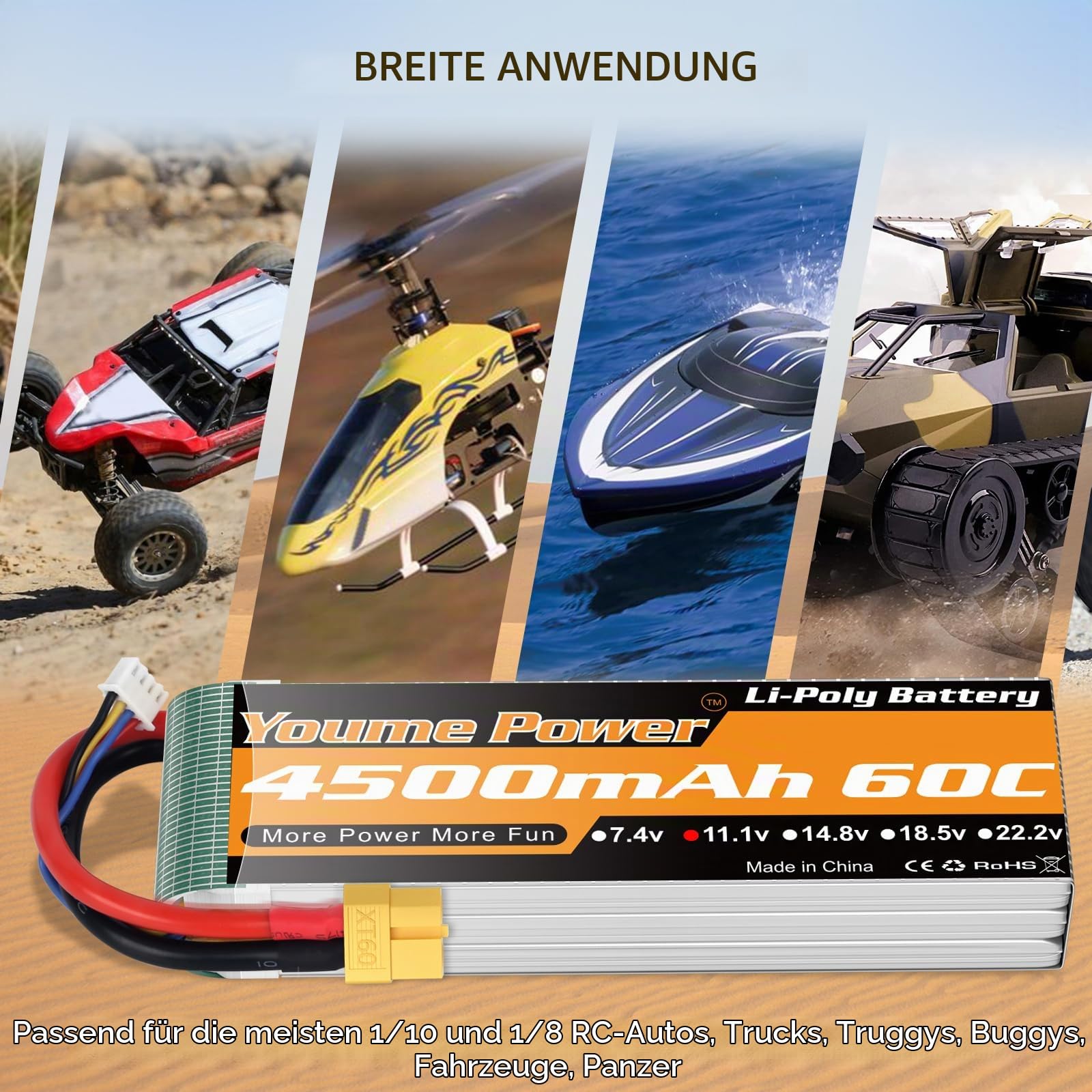 Youme 11,1 V LiPo Batterie, 3S RC Lipo Batterien 4500mAh 60C mit XT60 Stecker für RC Auto/LKW, Buggy, Boot, Heli und Drohne (2 Packungen)