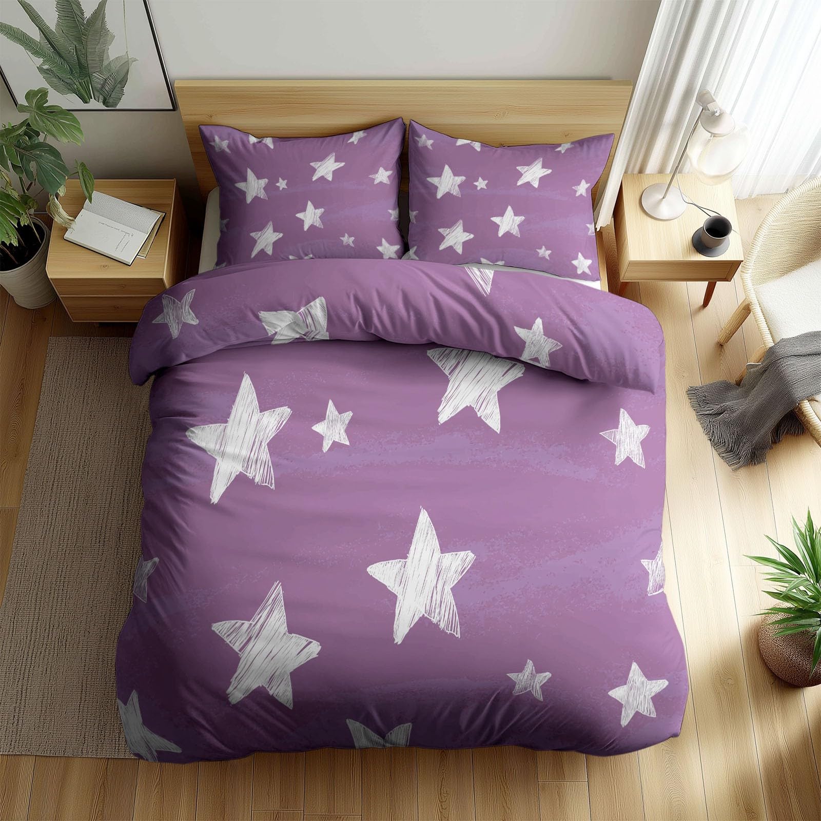 Funda Nórdica Cama 105 Estrellas Lilas, Juego De Funda Nórdica 180x220 cm, 3 Piezas Ropa de Cama con 2 Fundas de Almohada 50x75 cm, Microfibra Reversible Colcha