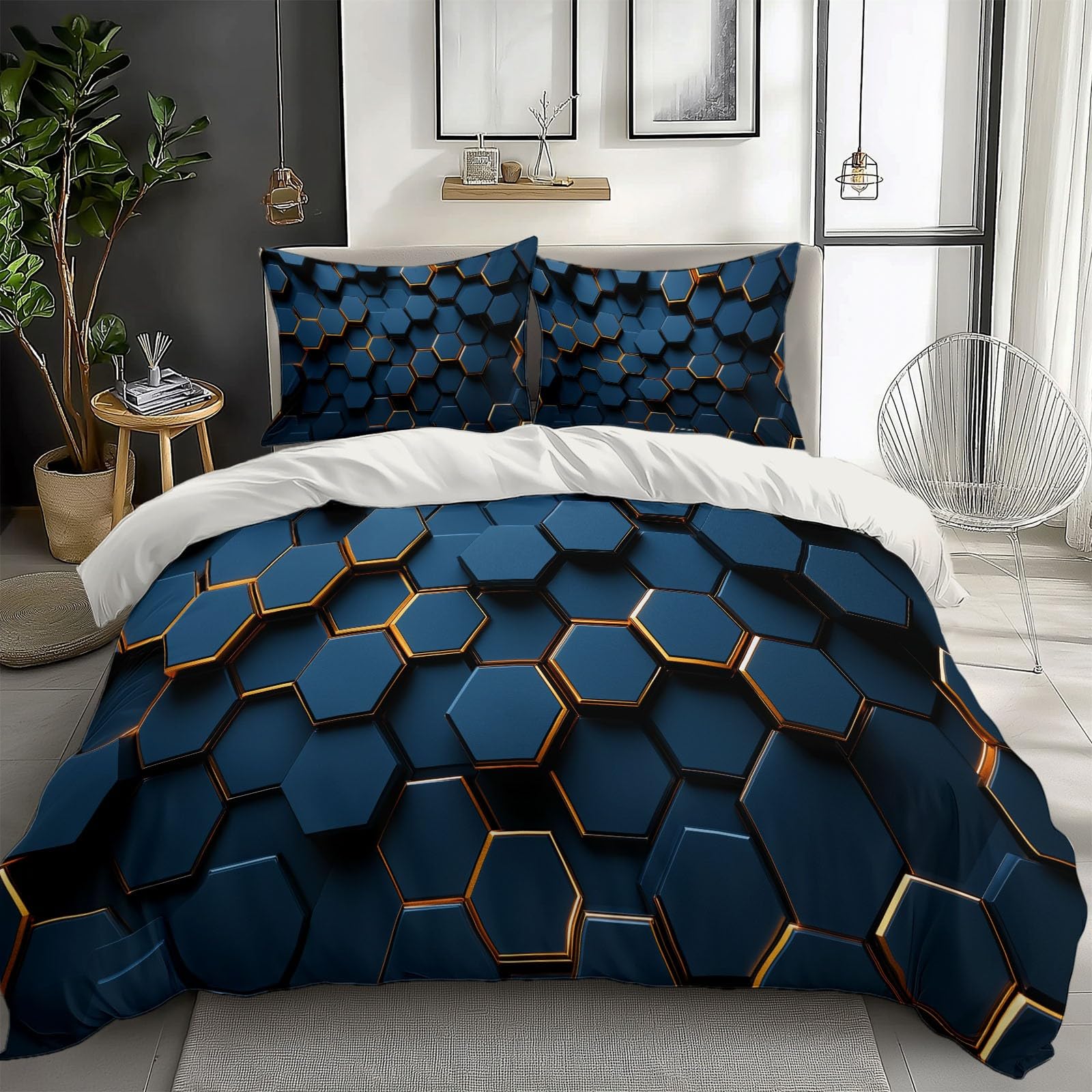 Geometryczny sześciokąt plaster miodu 3-częściowy zestaw poszewek na kołdrę 150x200 cm 3D nadruk poszwa na kołdrę z zamkiem błyskawicznym i poszewkami na poduszki miękka mikrofibra dla dzieci poszwa