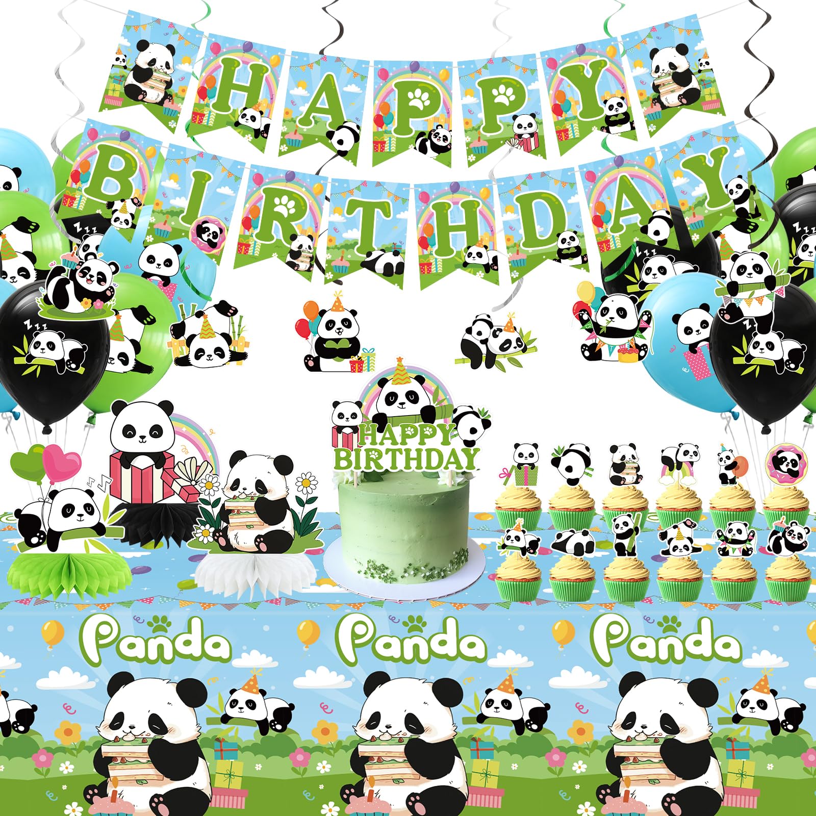Obussgar Panda Birthday Party Decorations - Panda Party Supplies including Happy Birthday Banner, Spirals, Cake Toppers, Table Centerpieces (LQ)
