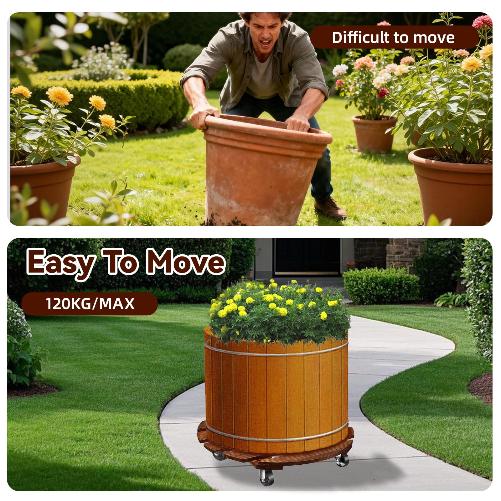 Lot de 2 Porte Plantes à roulettes 30,5 cm, Rond en Bois avec Roues Pivotantes et Verrouillables, Capacite 120kg, Chariot Mobile pour Pots de Fleurs Lourds, Usage Intérieur et Extérieur