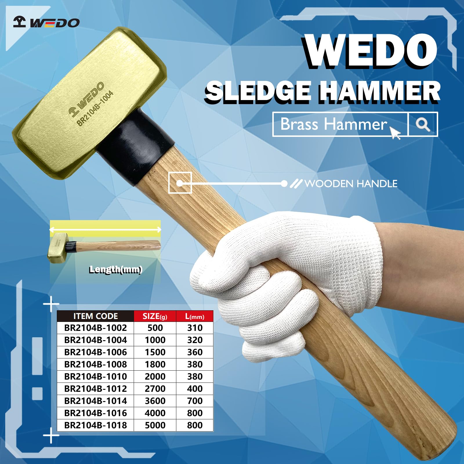 WEDO Brass Sledgehammer 3lb(1500g), Club Hammer with Wooden Handle, Die-Forged, Corrosion Resistant, DIN Standard, Length 14"(360mm) - Image 2