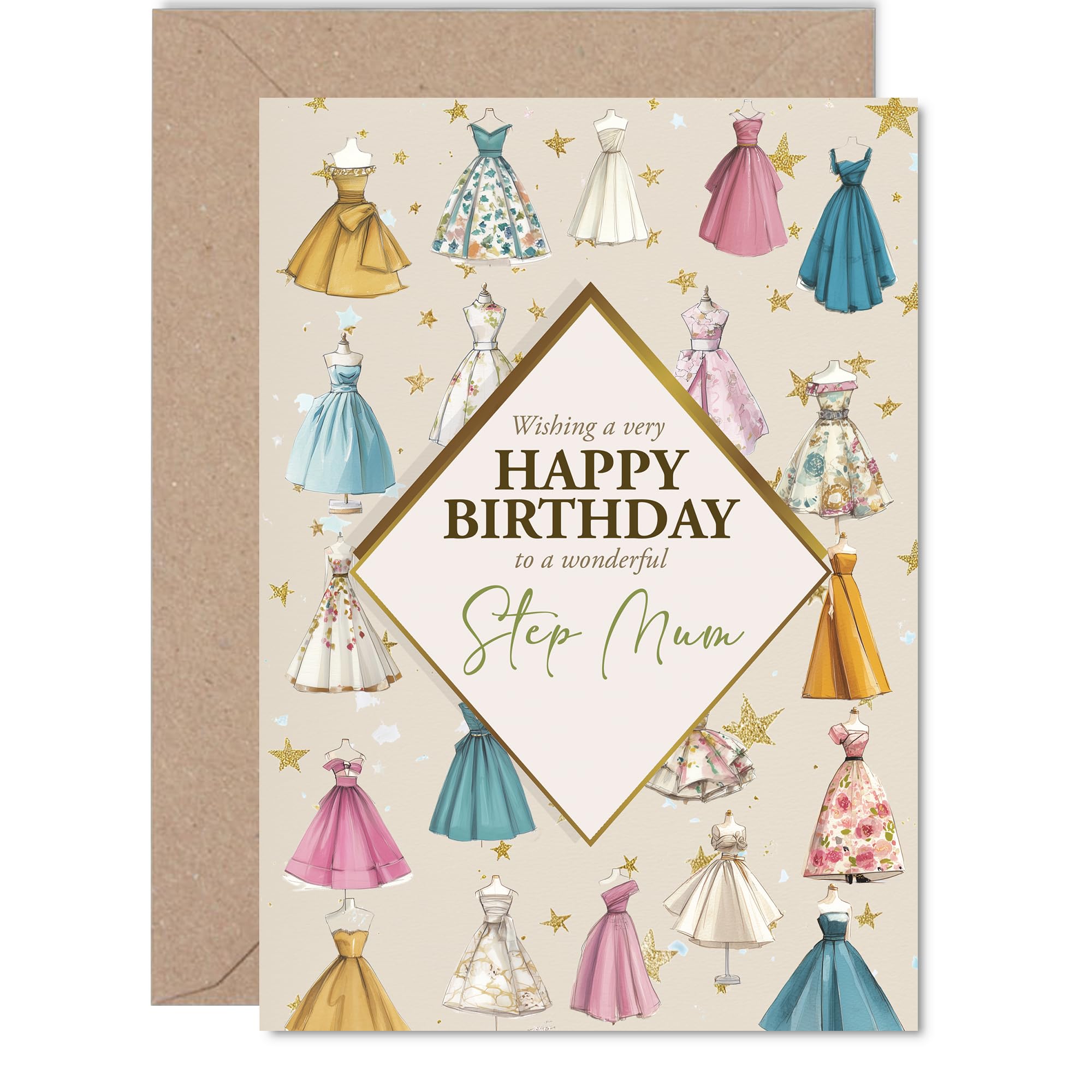 Step Mum Birthday Card - Vintage Style Dresses - Happy Birthday Card for Step Mum from Son Daughter, 5x7 Inch Stylish and chic Bday Greeting Cards