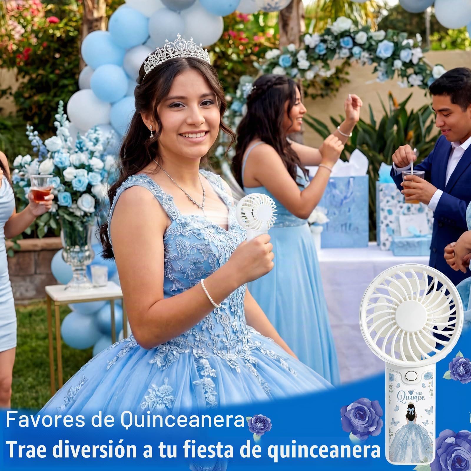 Tuanse Juego de 25 recuerdos para 15 años de quinceañera, recuerdos de fiesta para fanáticos de quinceañera, regalos para invitados, ventiladores eléctricos portátiles de mano con tarjetas de