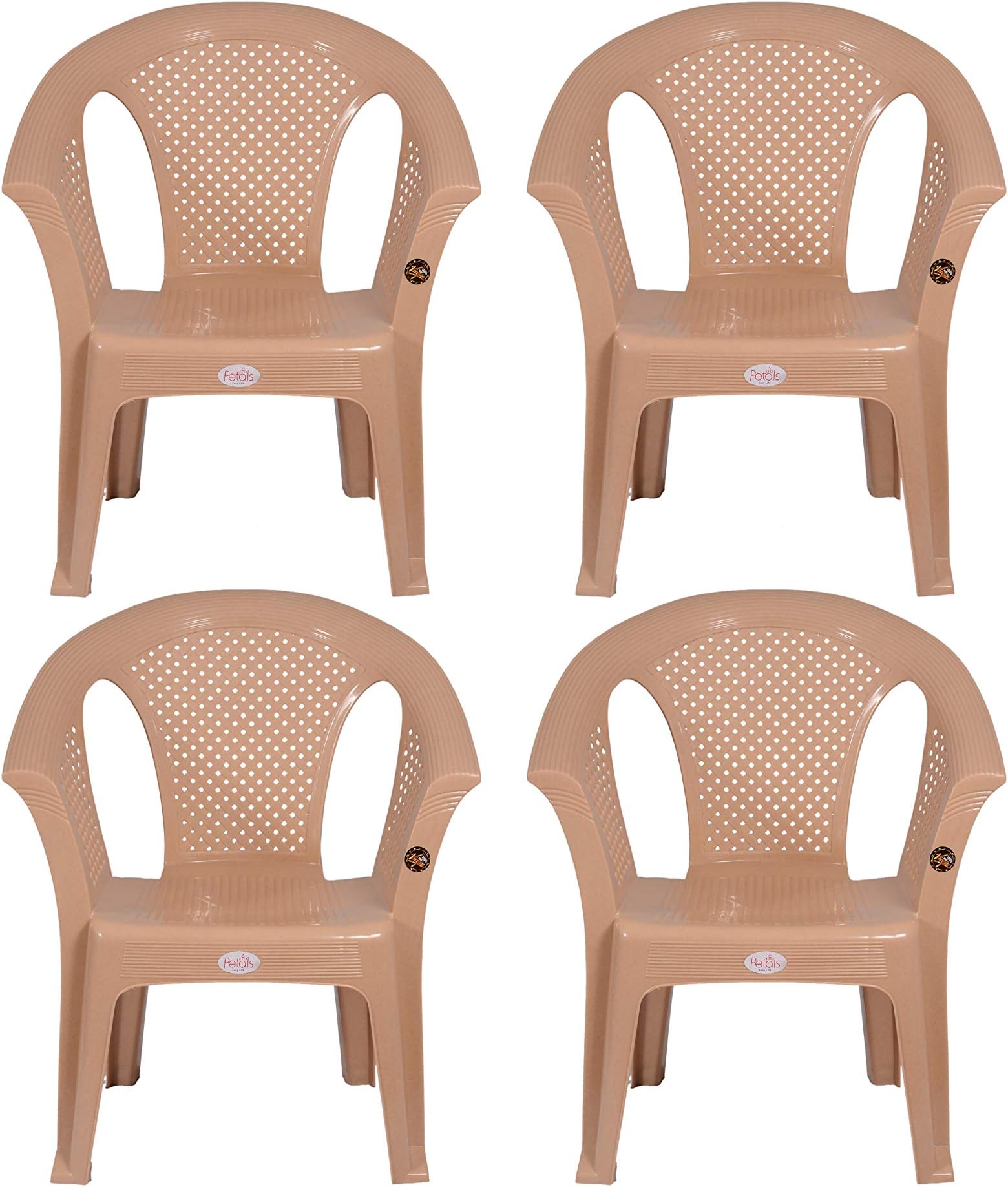PETALS Plastic Chair for Living Room | Armchairs Set of 4 | Fibre PVC Arm Chair for Home, Office, Garden, Drawing Room, Indoor & Outdoor | Cap Upto 150 Kgs | Beige, 4 Pcs, Crystal | 3 Years Warranty
