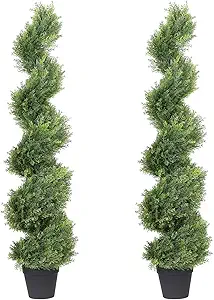 THE BLOOM TIMES 4ft Artificial Topiary Trees Set of 2, 48 inch Faux Cedar Cypress Spiral Topiary Trees Outdoor - Fake Plants for Garden Front Porch Indoor Outside Planter Decor 4 Foot