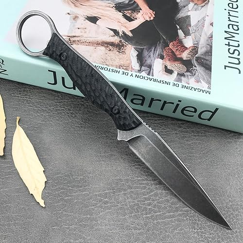 Miniatura 5 de EDC Cuchillo de hoja fija con funda Kydex, cuchillo de supervivencia de espiga completa, hoja 8Cr13Mov mango negro G10 con bucle para el dedo,