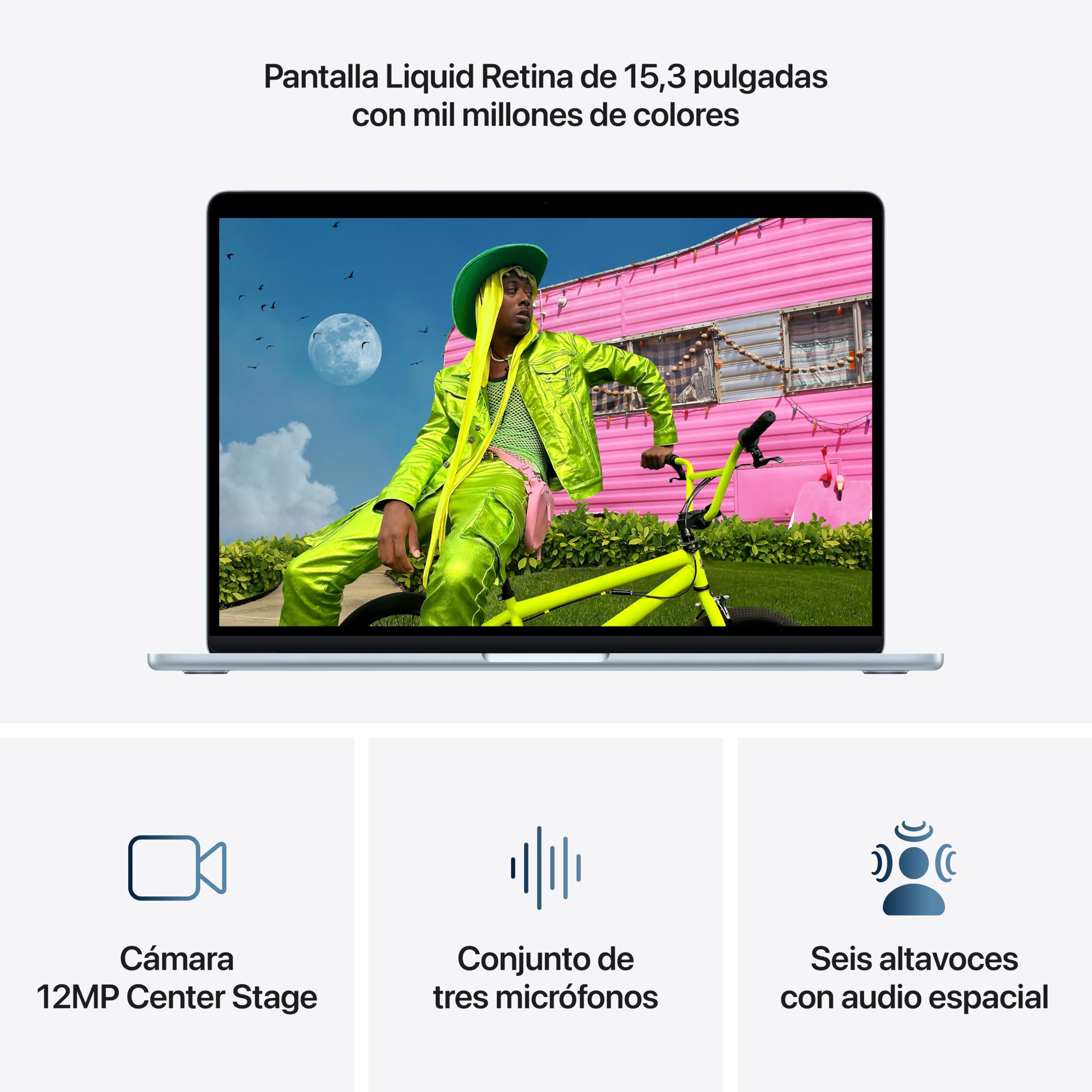 Apple MacBook Air de 15,3 Pulgadas con Chip M5: Pantalla Liquid Retina, CPU de 10 núcleos, GPU de 10 núcleos, 24 GB de Memoria unificada, 1 TB de SSD, Wi-Fi 7,Teclado español; Azul Cielo