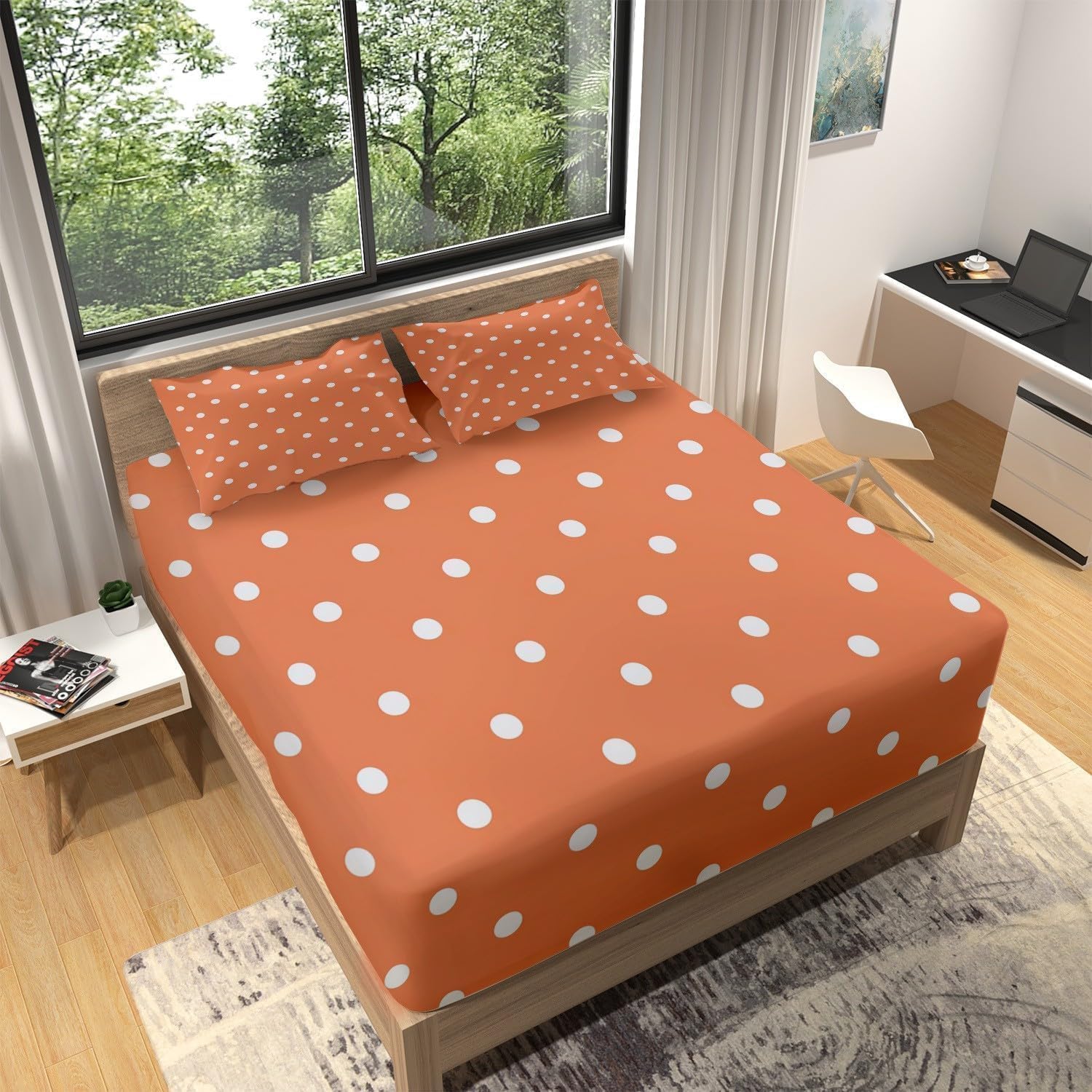 Sábana Bajera Ajustable 180x200 Lunares Sábanas de Microfibra Naranja Funda de Colchón Sábana con Elástica Bolsillo Profundo 30 cm Sabanas Cama 180 XCW3150