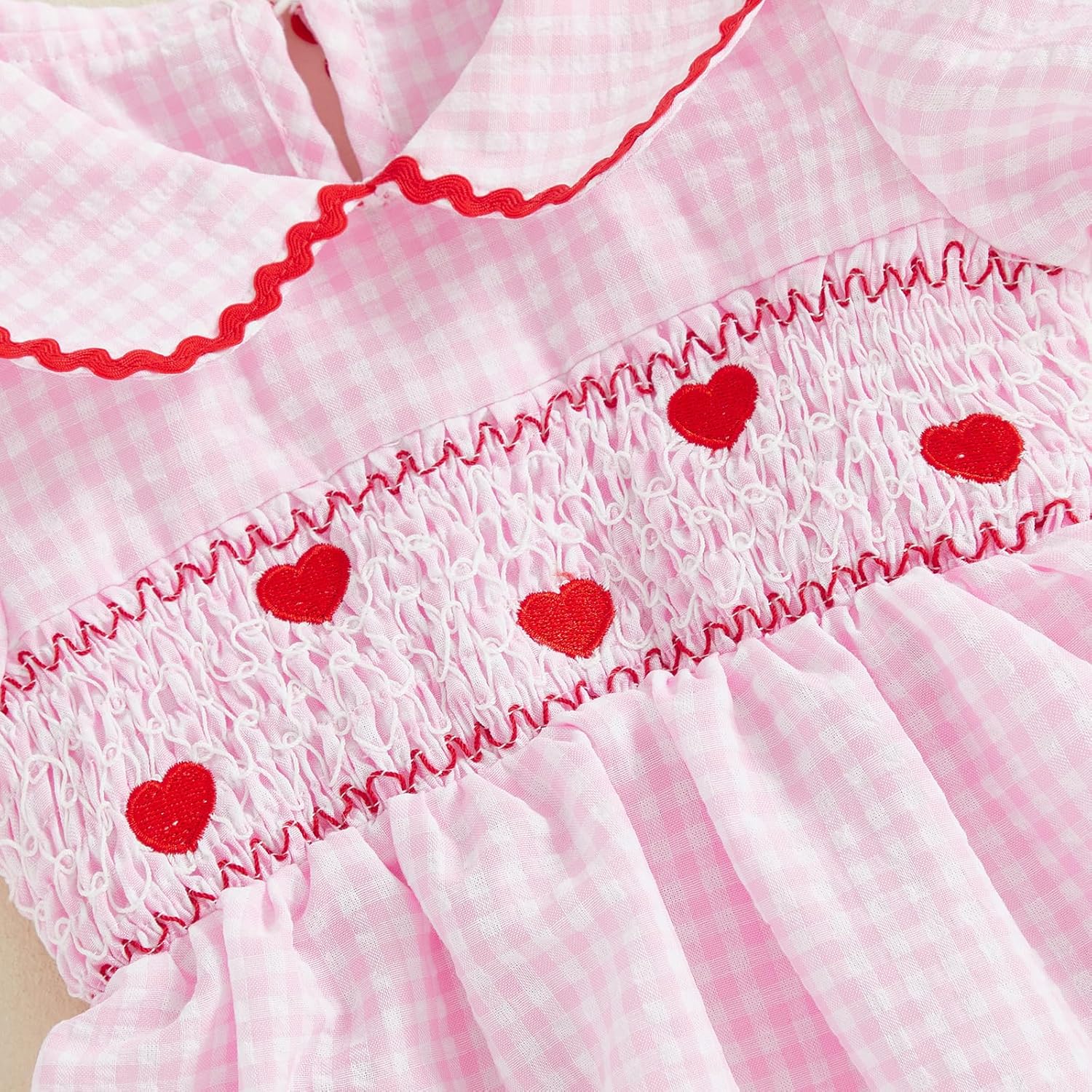 Honganda Toddler Baby Girl Valentine's Day Outfit Puff Sleeve Doll Collar Heart Smocked Dress Summer Plaid Princess Dresses - Image 6