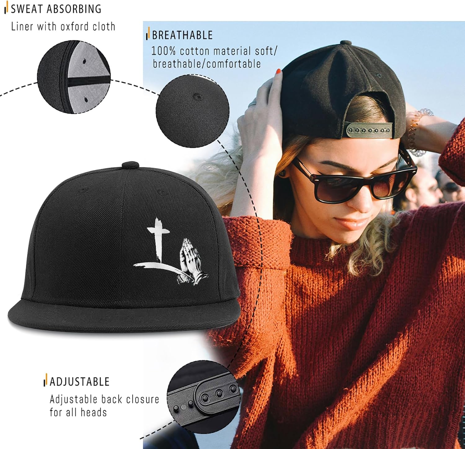 Christian Cross Snapback Hats Adjustable Baseball Cap for Men Cool Praying Skeleton Hand Hat for Men Black Flat Bill - Image 5