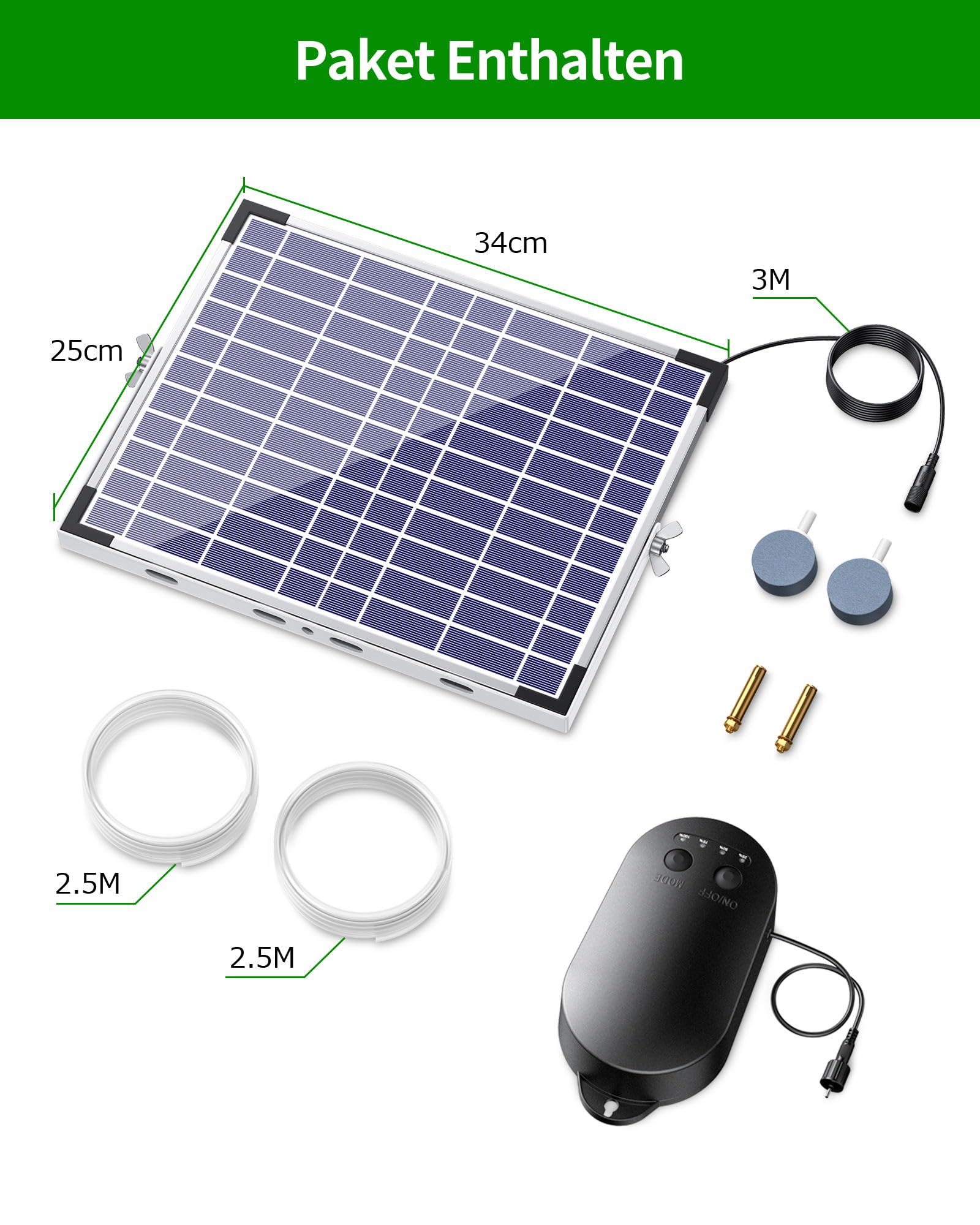 Biling 15 W Aeratore Laghetto Solare, Pompa ad Aria Solare Ossigenata con 4400mAh Batteria, Batteria Indicatore Carica, 4 Pietre Porose Tubo da 4 m, Aerazione di Laghetti da Giardino, Acquari, Pesca