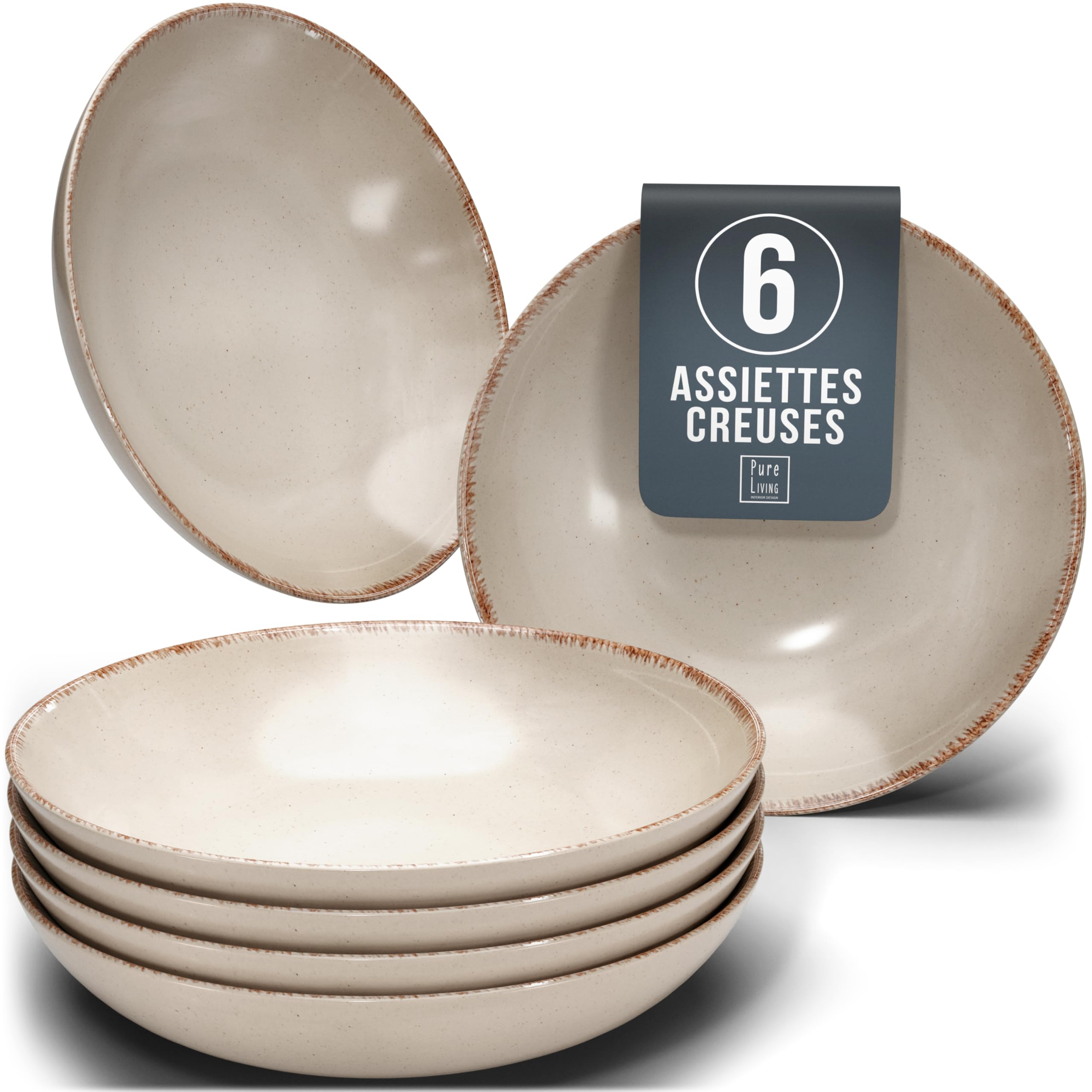 Ensemble de 6 Assiettes Creuses Rustiques en Steingut Premium - Lavables au Lave-Vaisselle - Ensemble Élégant de 6 Assiettes Profondes pour 6 Personnes, Salades, Pâtes - Pure Living en beige