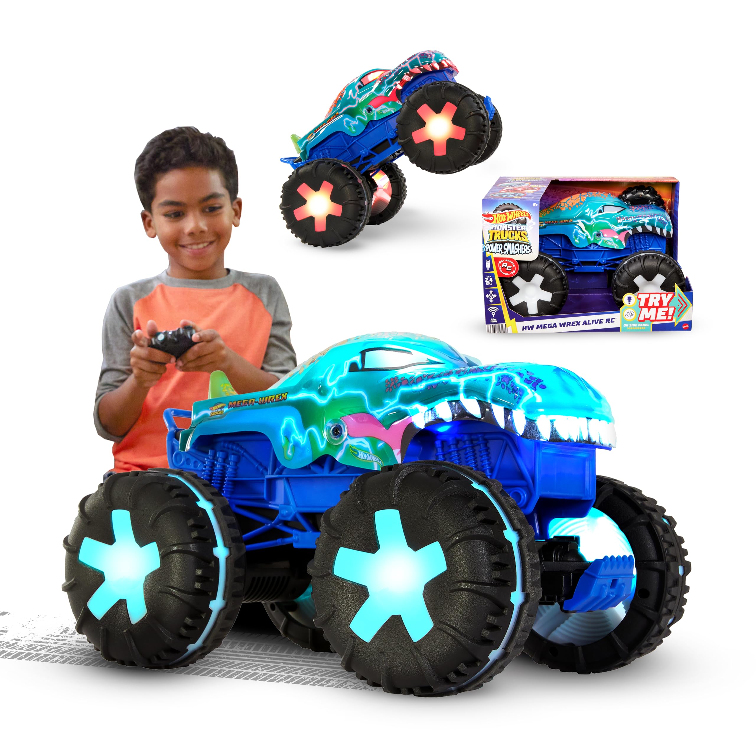 Hot Wheels Monster Trucks - Voiture Télécommandée, Mega-Wrex à l’échelle 1/15 Véhicule Télécommandé de Grande Taille avec 3 Modes de Jeu télécommandés et Effets sonores et Lumineux interactifs, JBD90