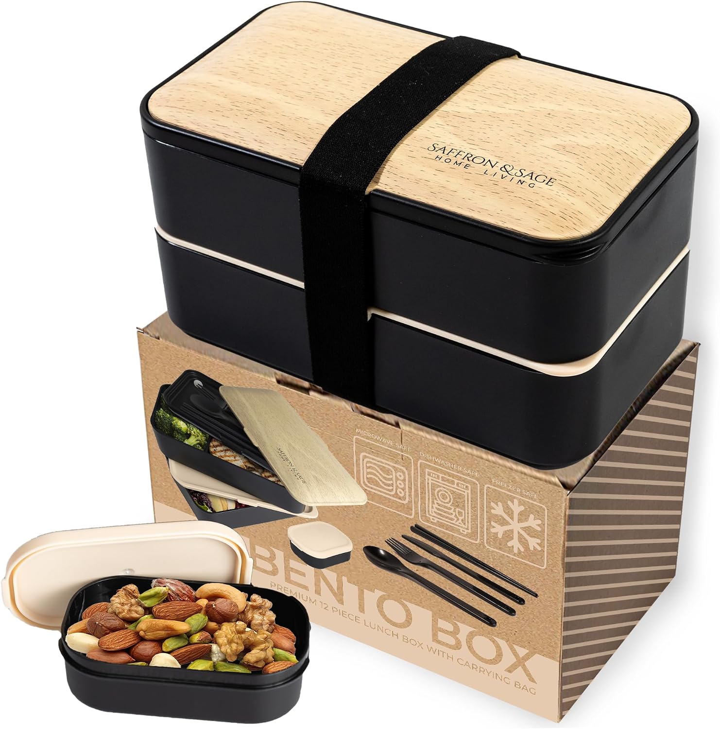 Saffron & Sage Bento Lunch Box - 42oz Black Japanese style Bento Box for Adults or Kids with Cutlery, Chopsticks, Sauce Container and Bento Bag - Leak proof, Dishwasher, Freezer, Microwave safe