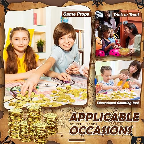 Miniatura 6 de Hanaive 800 monedas piratas de plástico, tesoro dorado, doblón español, moneda falsa de juguete de San Patricio para niños, juegos de mesa, fiesta