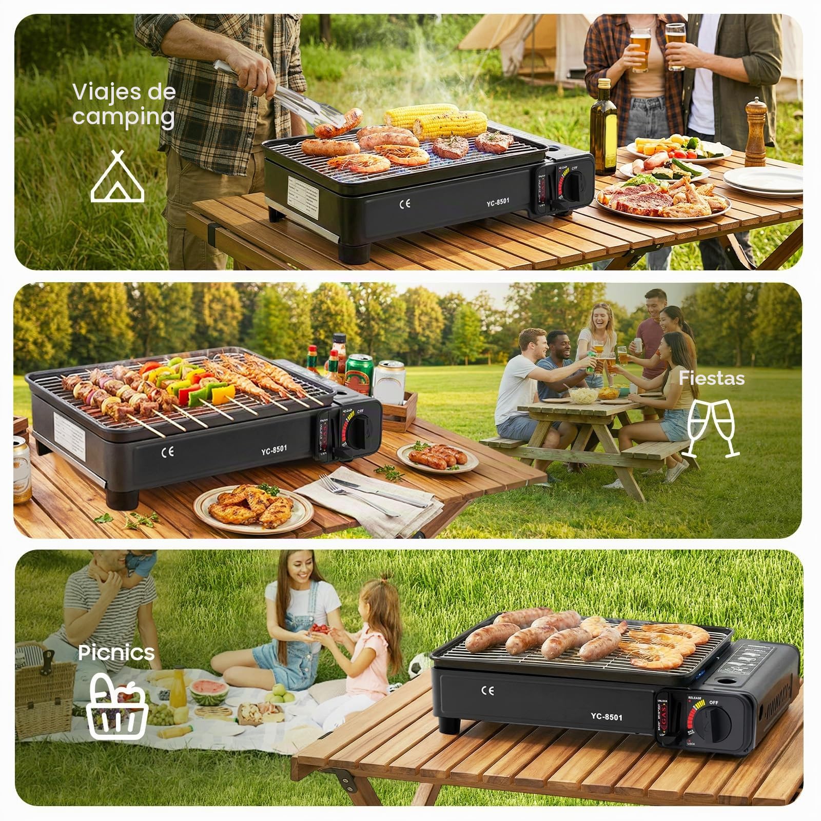 Barbacoa de gas 2 en 1 para camping con 2 placas de barbacoa y bolsa de transporte, barbacoa portátil de gas, parrilla de gas, pequeña y compacta para picnic, balcón, jardín, incluye pinzas, pinchos y