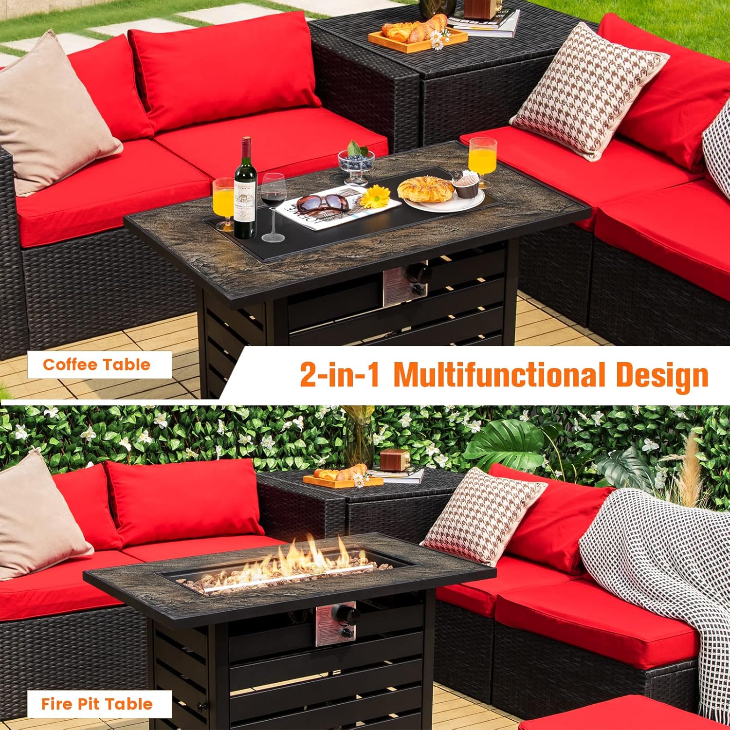 Happygrill 42" Propane Fire Pit Table, 50,000 BTU Rectangular Gas Fire Table with Lava Rocks & PVC Cover Included, Ore Powder Surface, Perfect for Backyard Garden