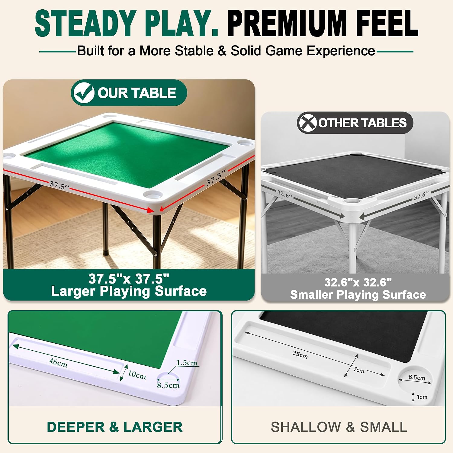 Doreimi Mahjong Table, Large 37.5-Inch Foldable Card Table, 4 Cup Holders | HDPE portable game table with wear-resistant green tabletop, 4 chip trays, fits 4 players for family game nights and RVs