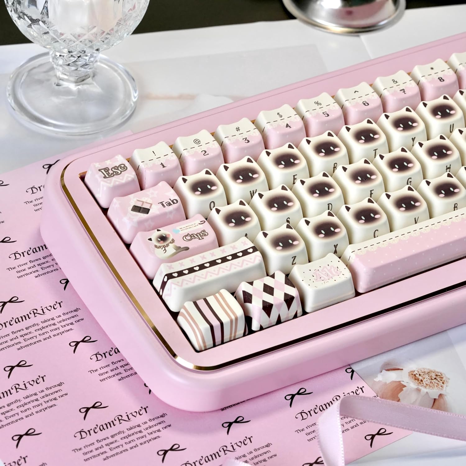 PBT Keycaps-Pink Cat Keycap Mao Profile, Siamese Cat Themed Keycaps Kawaii Cute Keyboard Keycap, Dye-Sublimation Creamy Custom Key Cap for Cherry MX Mechanical Keyboards