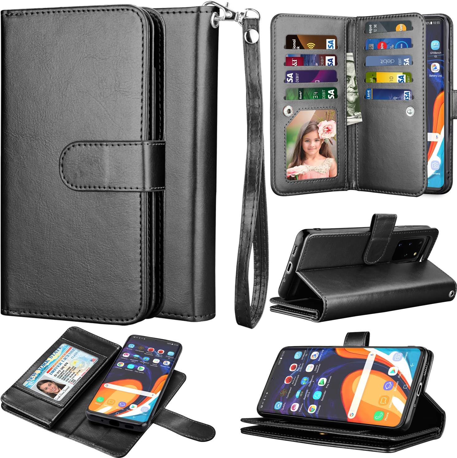 Takfox Galaxy S20 Case, Galaxy S20 Wallet Phone Case 6.2 inch PU Leather with 9 Card Slots ID Credit Card Holder Folio Flip Magnetic Detachable Phone Case & Wrist Strap for Samsung Galaxy S20-Black