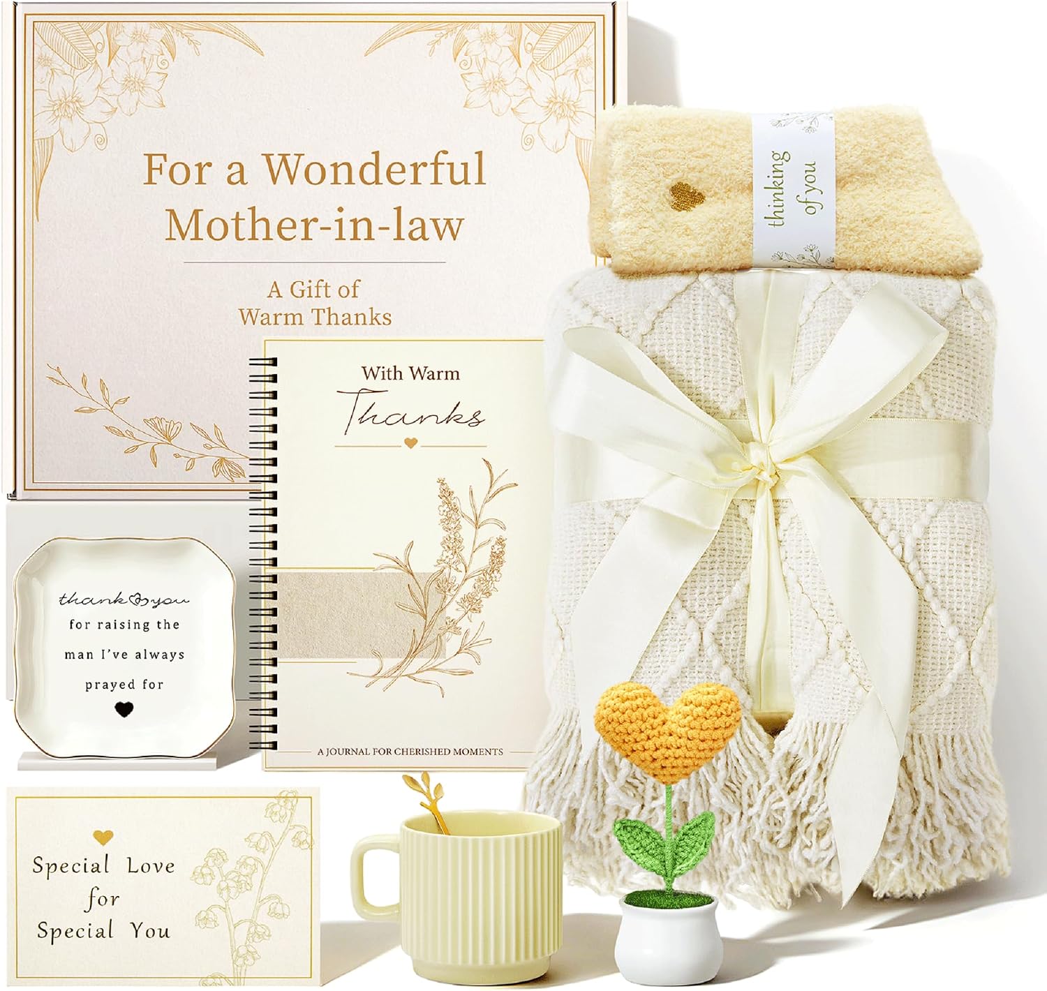 Mother in Law Birthday Gifts, 9 Pcs Warm Thanks Care Package with Blanket, Mug & Jewelry Tray, Gifts for Mother in Law Basket