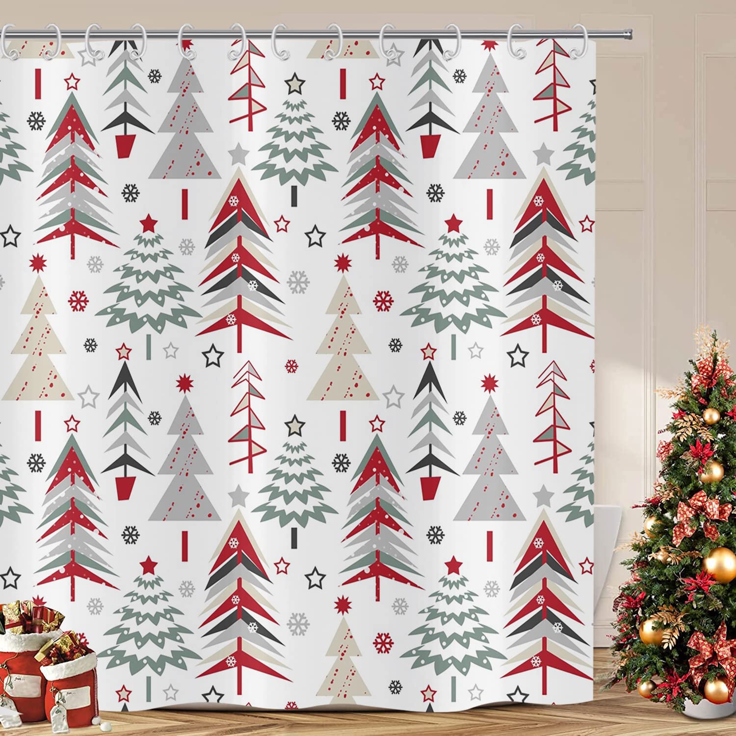 Christmas Shower Curtain, ASDCXZ Christmas Tree Snowflake Waterproof Shower Curtains for Bathroom, Golden Winter Home Decor Fabric Polyester Bathroom Curtains With 12 White Hooks, 180x240cm/71x94 Inch — image 1