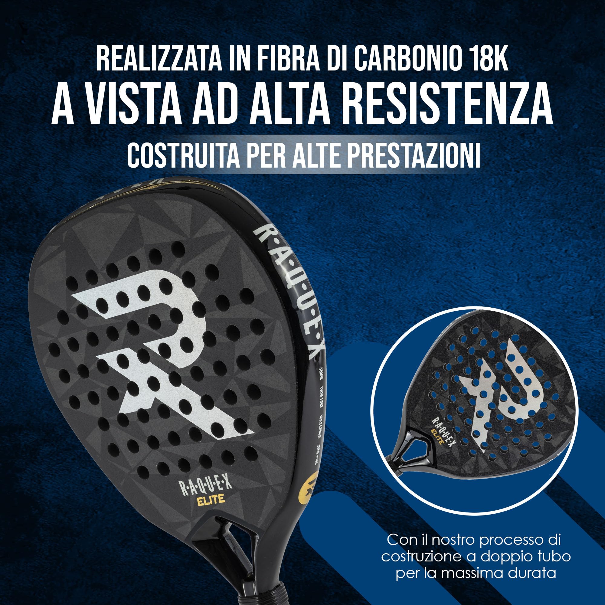 Racchetta da padel Raquex Elite - Racchetta avanzata - Telaio in carbonio 18K, nucleo reattivo in schiuma Eva 15 ImpactCore, forma a diamante, sistema twin tube per durabilità + cinturino da polso