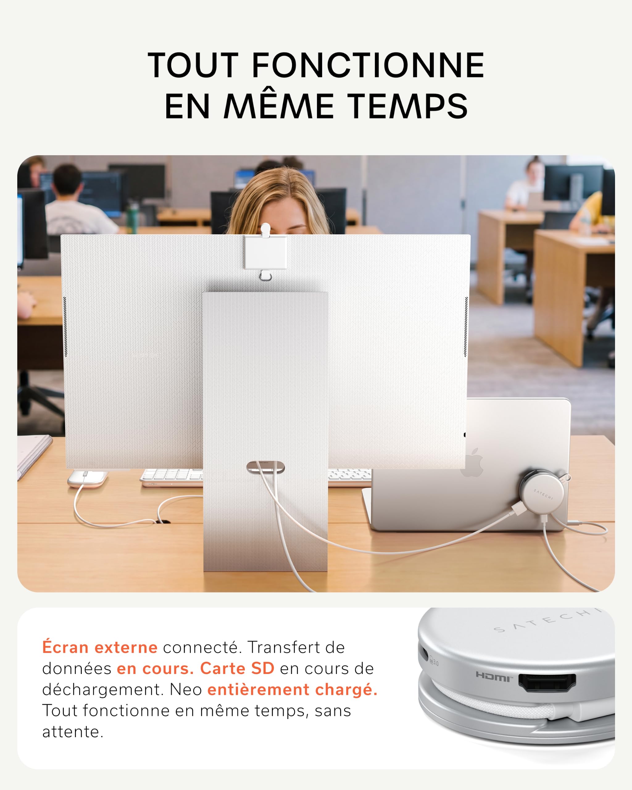 SATECHI OntheGo Hub USB C Magnétique 5 en 1, PD 60W, HDMI 4K, Argent | Câble enroulable intégré, fixation magnétique, 4K@60Hz, lecteur SD, USB-C/USB-A 5Gbps, pour MacBook, iPad, Windows et plus