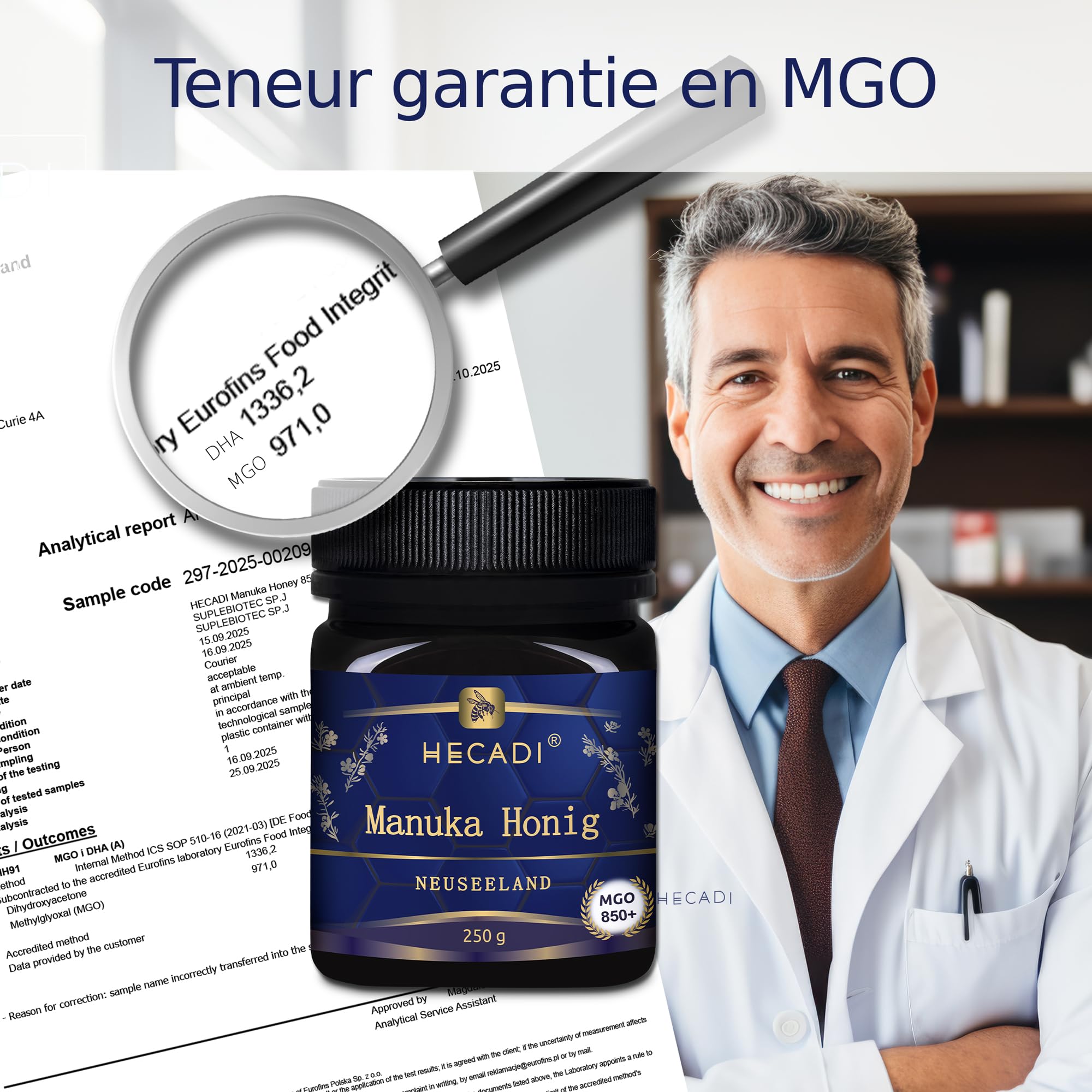 Miel de Manuka 850+ MGO Hecadi Original Miel Manuka de Nouvelle-Zélande avec une teneur en MGO certifiée et garantie 250 g