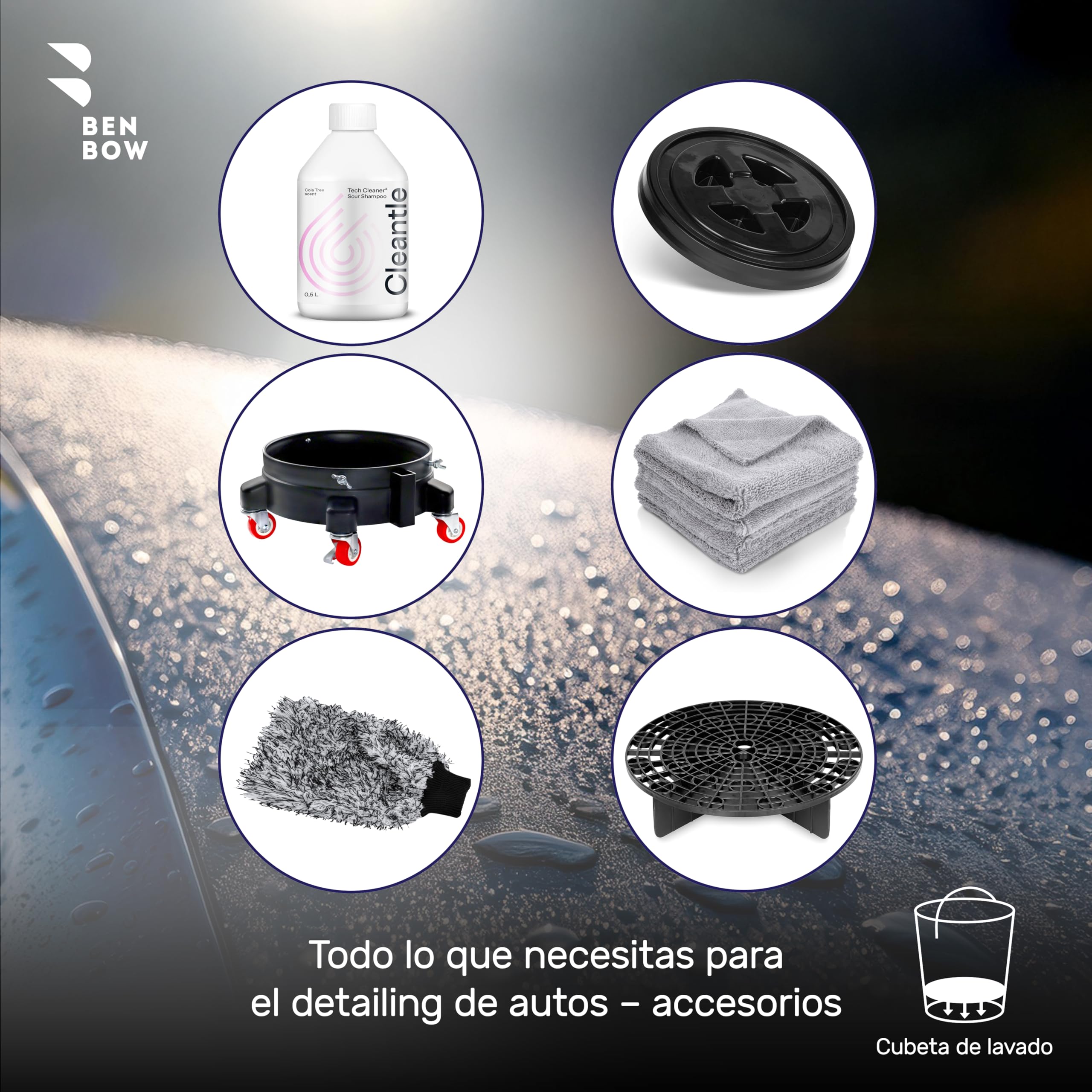 BenBow Juego Profesional: Cubo de Lavado con Tapa y colador de Suciedad – 20 litros Blanco – Duradero y versátil Lavado de Coches – Lavado – hogar – Oficina Limpieza