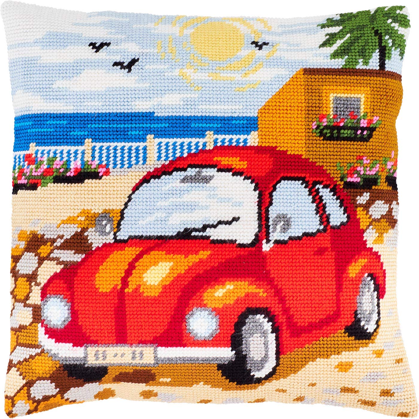Brvsk Mechanical Embroidery Kit for Adults and Beginners — Promenade des Anglais 16??×?16? with Clear, Precise Printed Design on Cotton Canvas; Includes 2 Needles, Yarn, and Easy-Read Chart