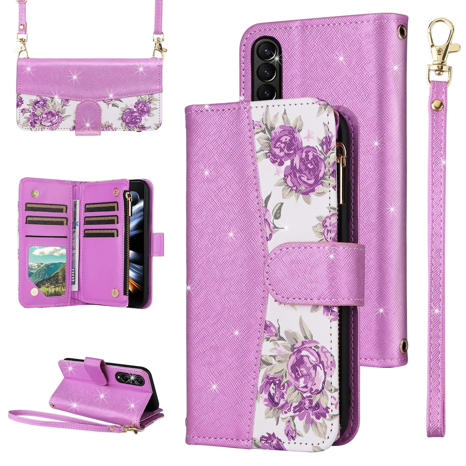 Furiet for Samsung Galaxy Z Fold 4 5G 2022 Floral Wallet Case with Zipper Purse Wrist Strap Shoulder Strap, Glitter PU Leather Card Holder Stand Phone