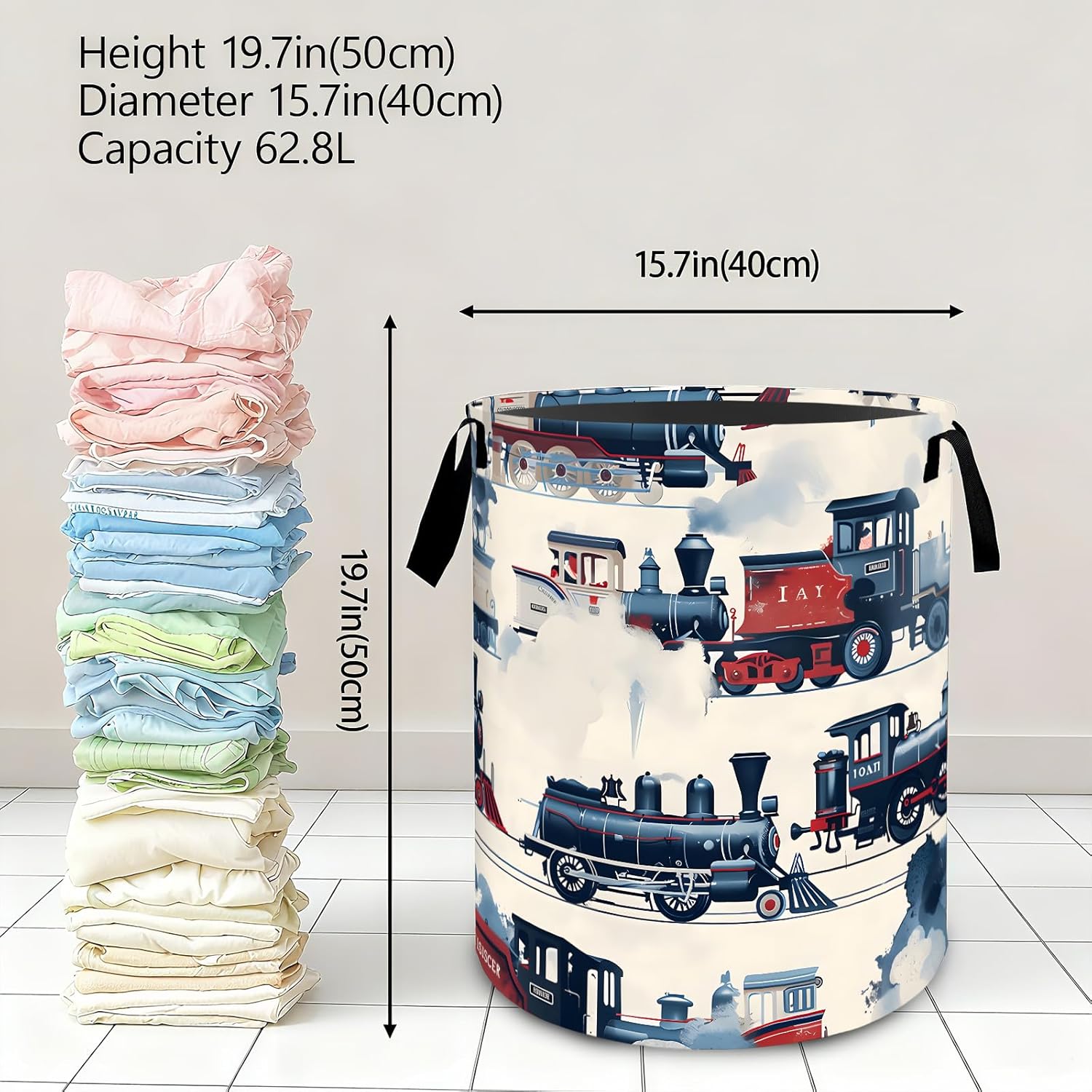 Vintage Steam Train Laundry Basket,Dirty Clothes Hamper,Retro Classic Locomotive Storage Bin Gifts,Foldable Waterproof Oxford Cloth Baskets for Bathroom,Bedroom,Home Decoration(19.7" x 15.8")