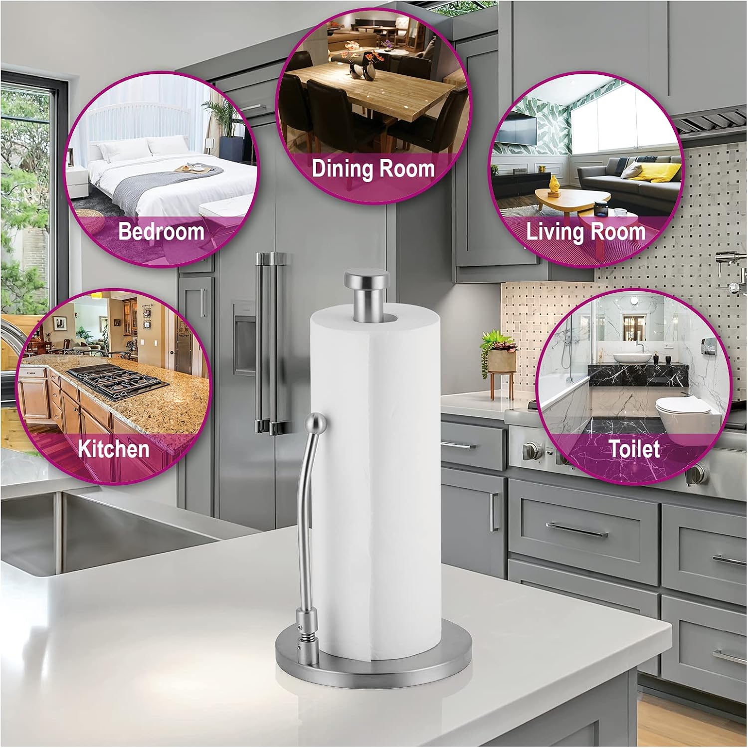 Alikeke Paper Towel Holder，Stainless Steel Paper Towel Holder Stand - Weighted Paper Towel Organizer,Holder for Kitchen Bedroom Bathroom Standing Paper Towel,Stainless Steel for Large Rolls-Chrome