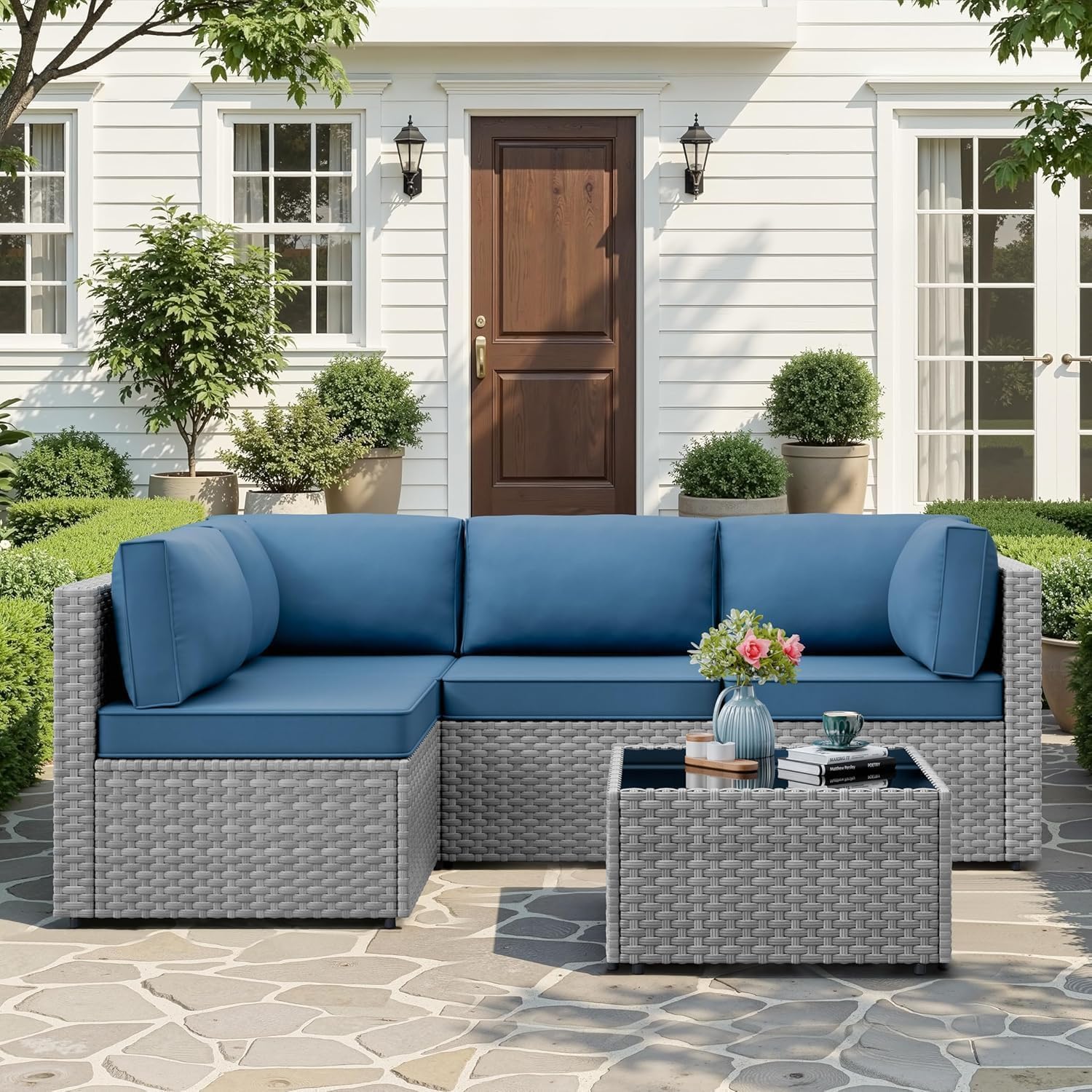 JAMFLY 5-Piece Patio Furniture Set, All-Weather Wicker Outdoor Sectional Sofa with Soft Cushions, Modular Conversation Set for Backyard, Deck, Garden & Poolside(Aegean Blue Cushion) image 2