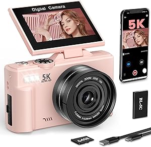 Cámara Digital 5K 75MP Camara de Fotos Digital para Vlogging con WiFi, Tarjeta de 64GB, Zoomdigital18X, Pantalla LCD de 3,0″ con Rotación de 180° Selife Cámara Compacta para Principiantes As Gift Pink