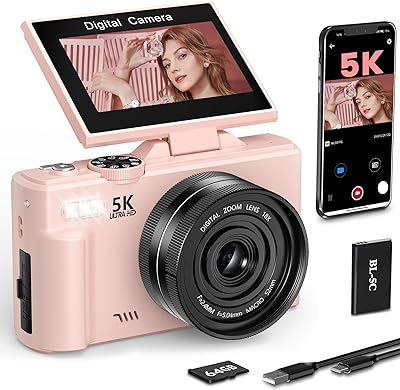 Cámara Digital 5K 75MP Camara de Fotos Digital para Vlogging con WiFi, Tarjeta de 64GB, Zoomdigital18X, Pantalla LCD de 3,0″ con Rotación de 180° Selife Cámara Compacta para Principiantes As Gift Pink