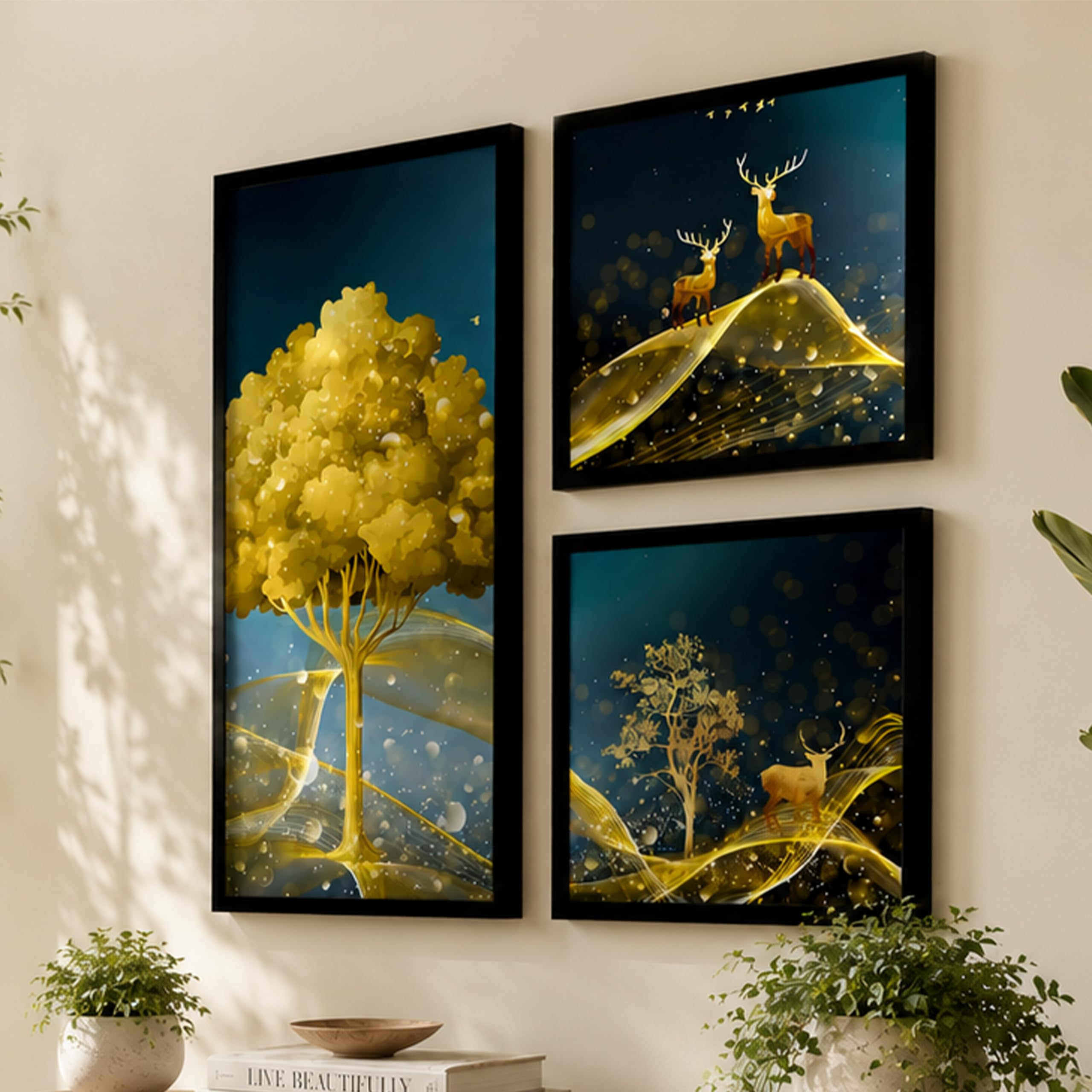 Landscape Deer Art Prints - Set of 3 Framed Wall Decor -11