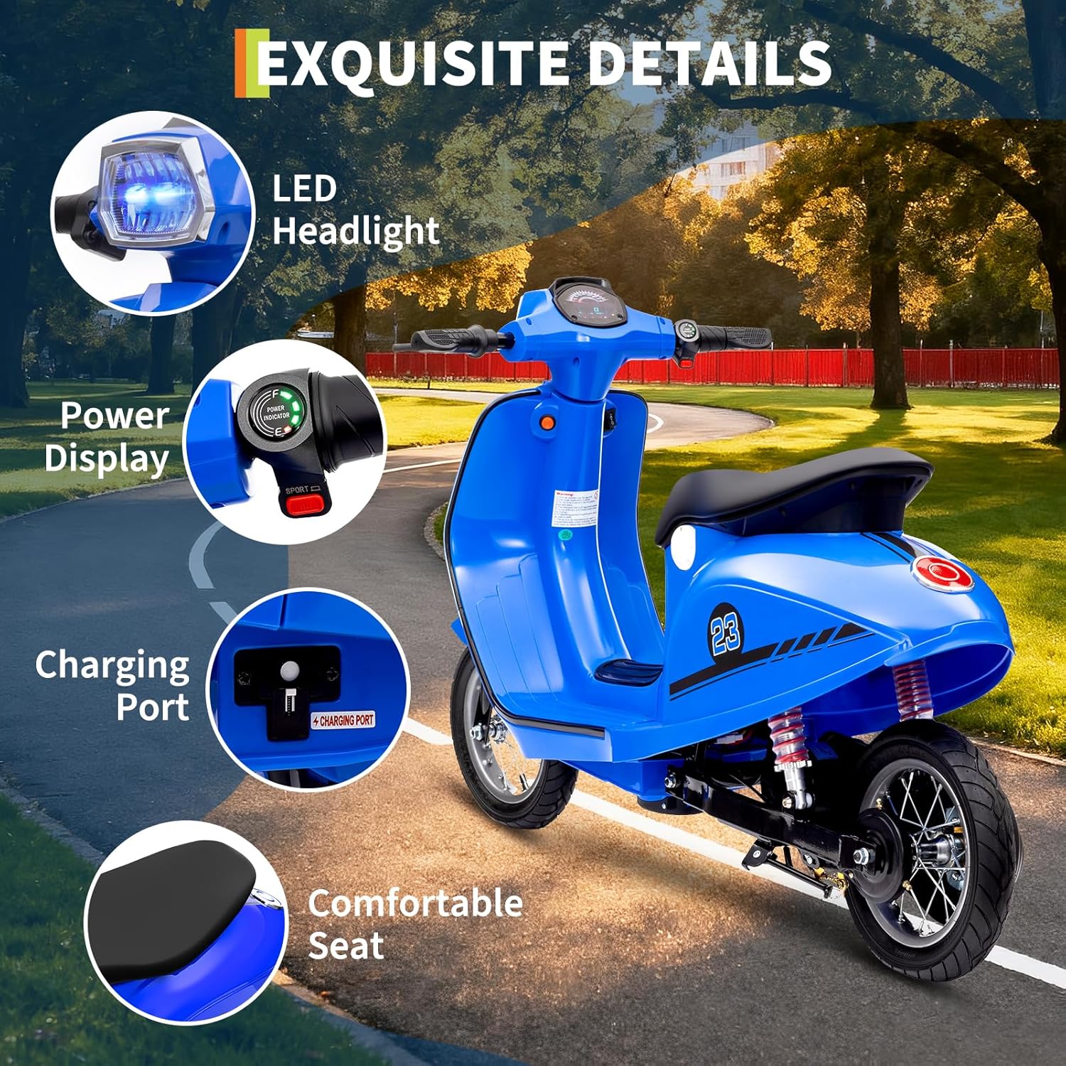 24V Moped Scooter for Kids - Electric Motorcycle for Kids - Electric Scooter with Seat for Children - Ride on Toy with LED Light for Girls
