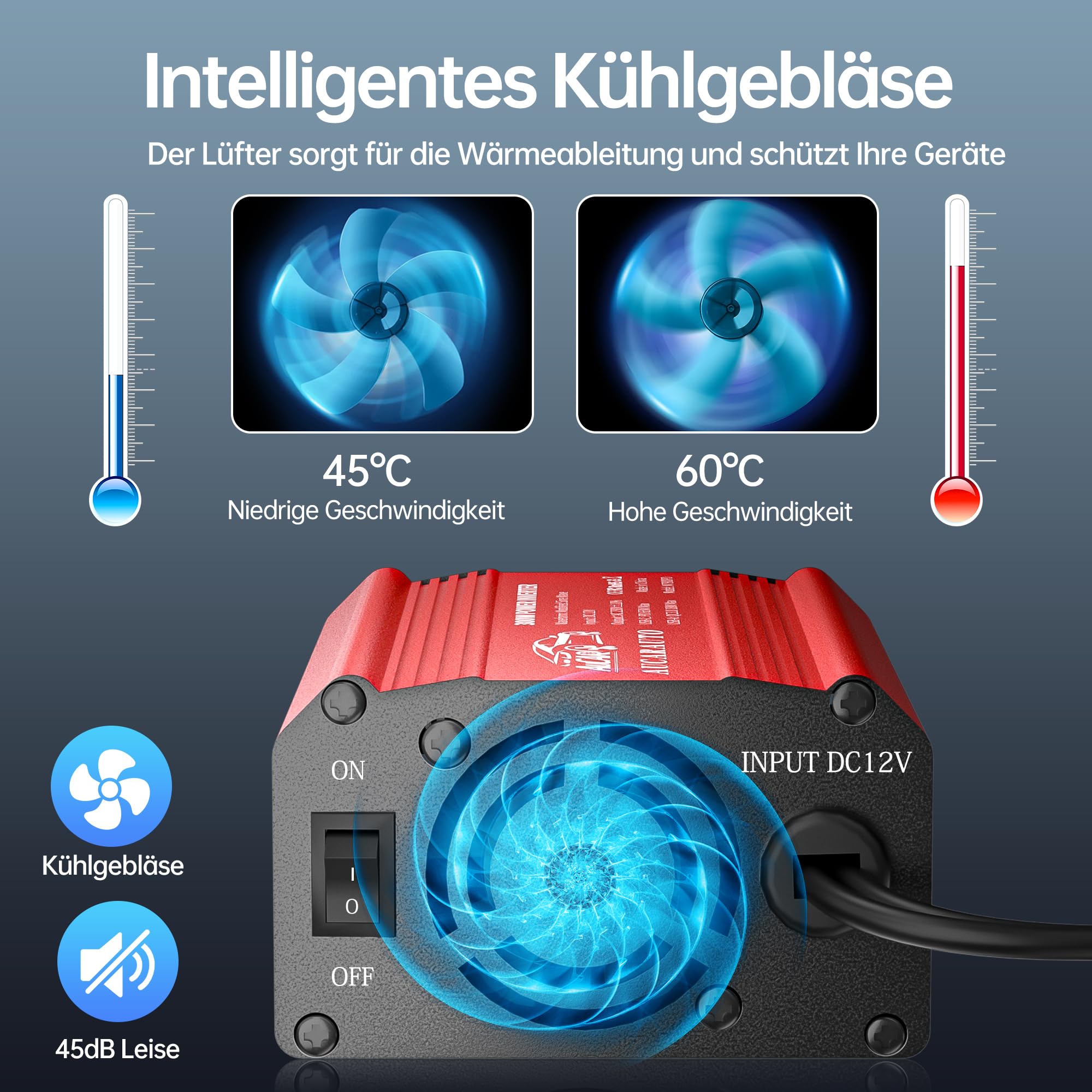 Upgrade 300W Spannungswandler, Wechselrichter 12V auf 230V Stromumwandler mit PD 65W & QC3.0 18W USB kfz ladegerät und Auto Steckdose, Laden Sie Ihr Laptop, iPad, iPhone Und Mehr - Rot